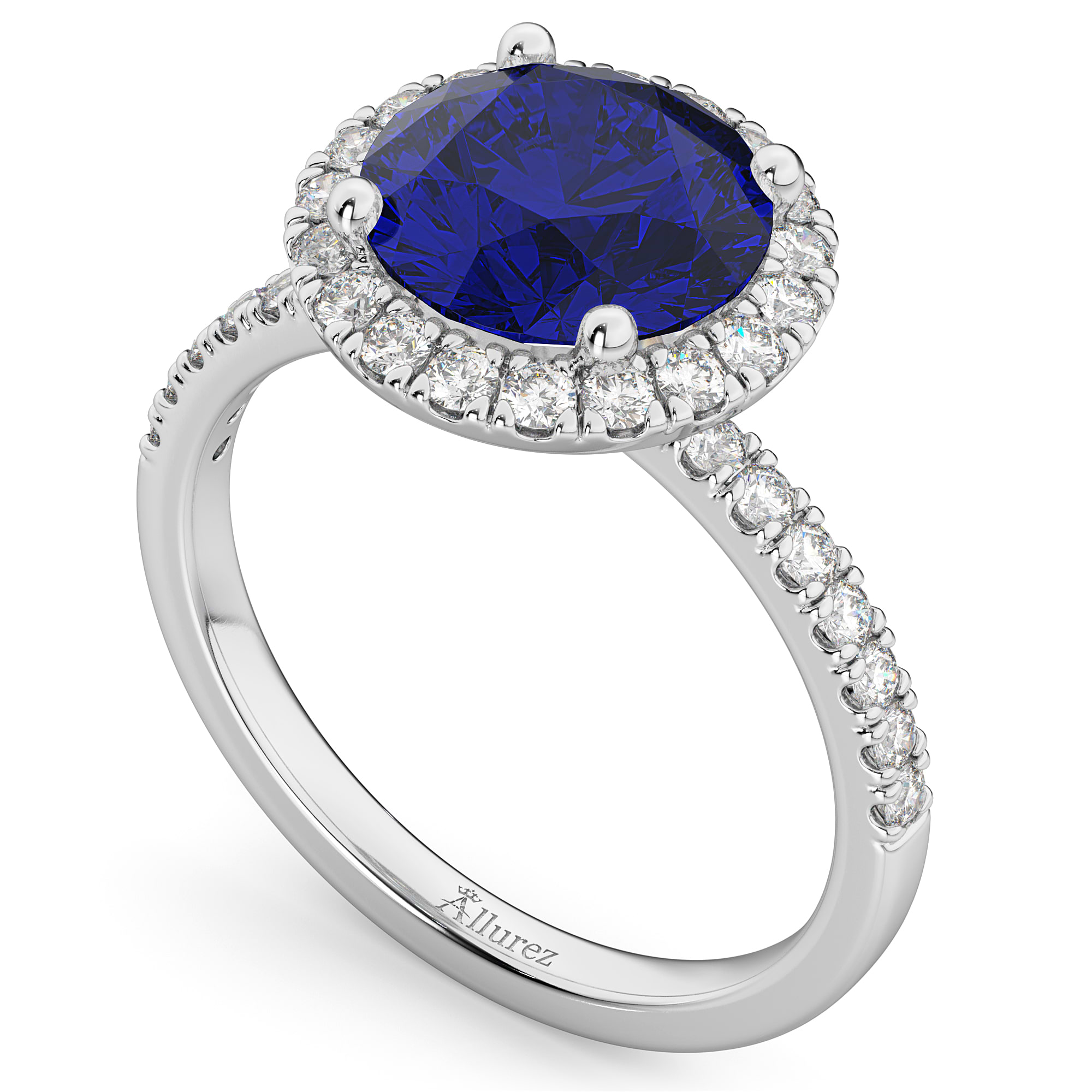 Halo Blue Sapphire & Diamond Engagement Ring 14K White Gold 2.80ct