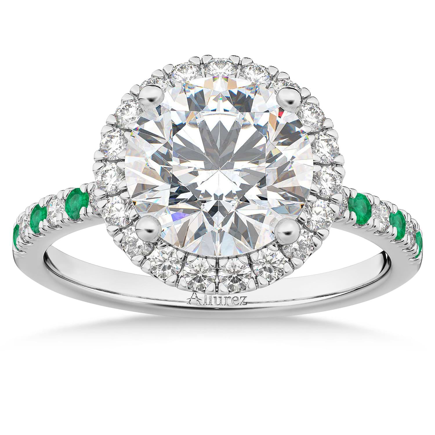 Emerald & Diamond Halo Engagement Ring Setting 14K White Gold (0.50ct)