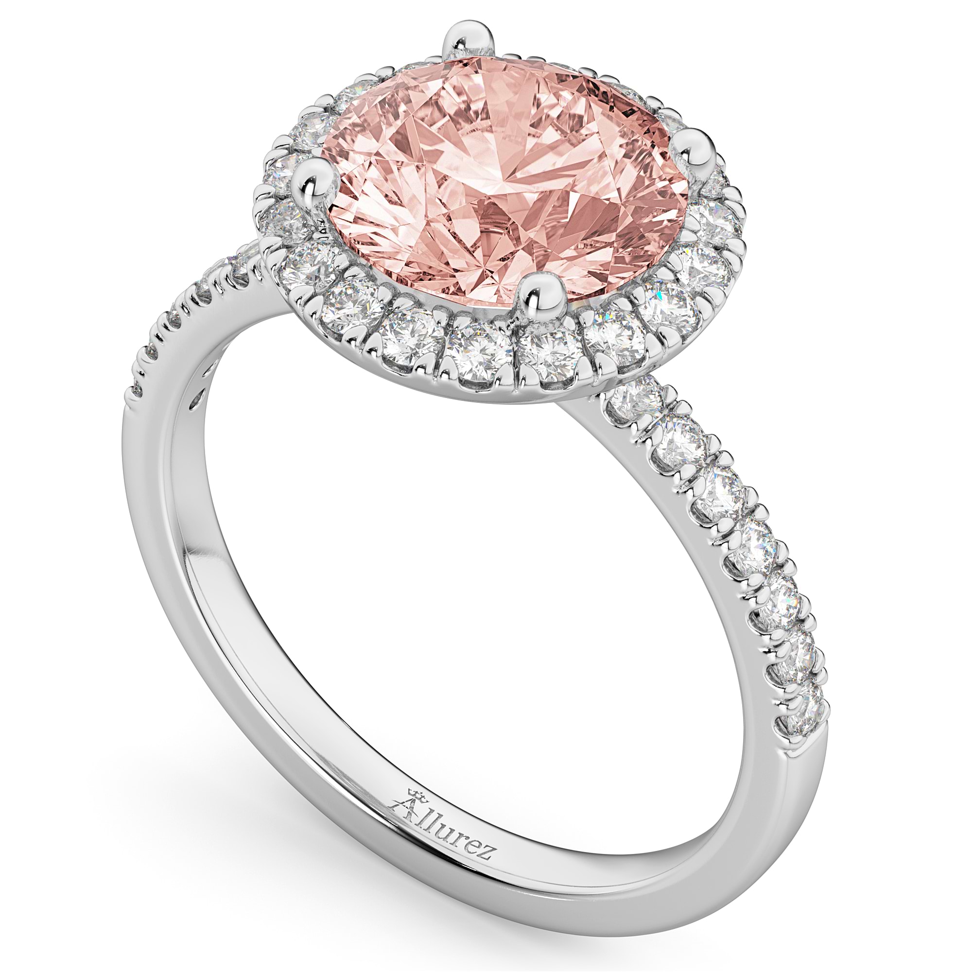 Halo Morganite & Diamond Engagement Ring 14K White Gold 2.25ct