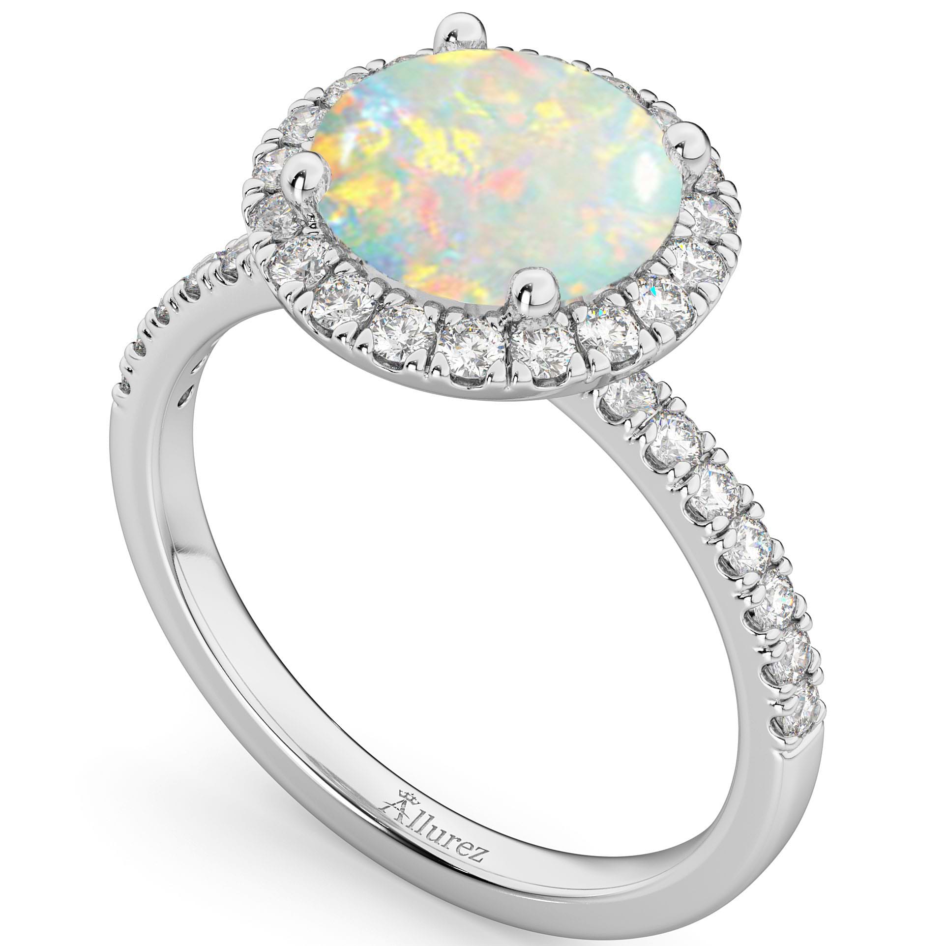 Halo Opal & Diamond Engagement Ring 14K White Gold 1.80ct