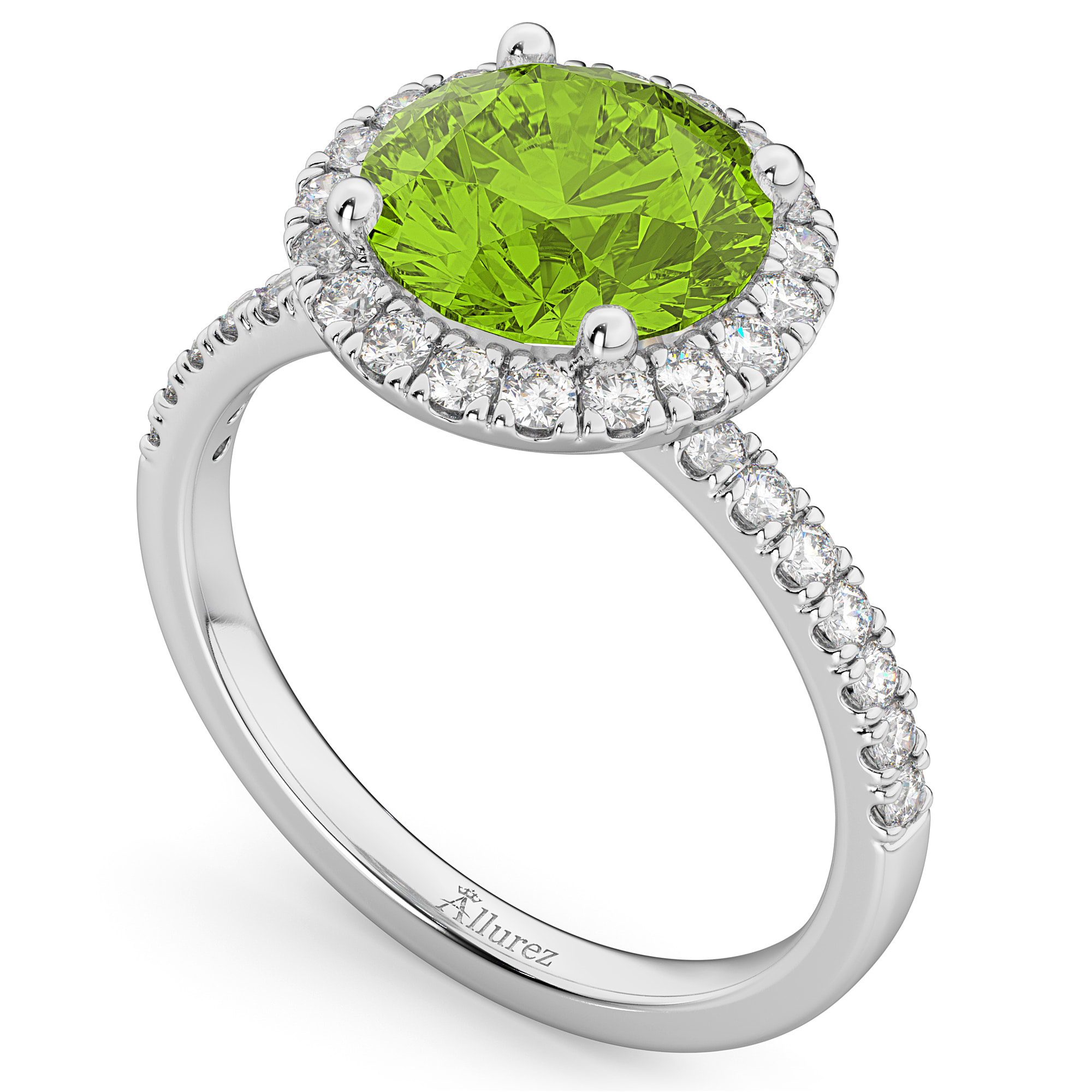 Halo Peridot & Diamond Engagement Ring 14K White Gold 2.50ct