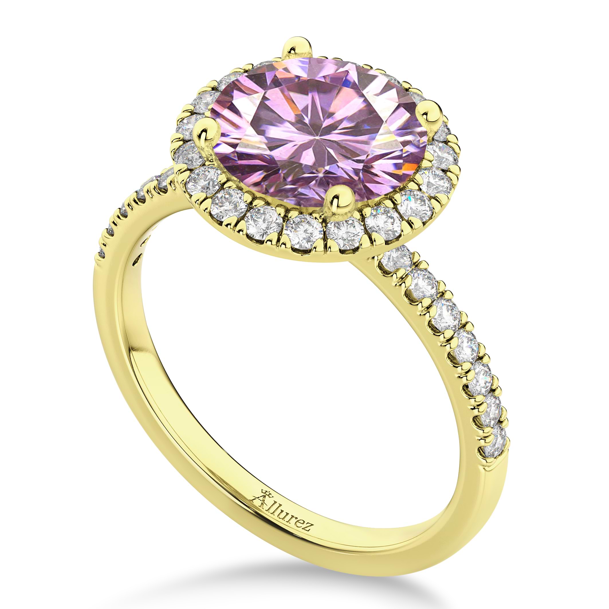 Halo Pink Moissanite & Diamond Engagement Ring 14K Yellow Gold 2.10ct