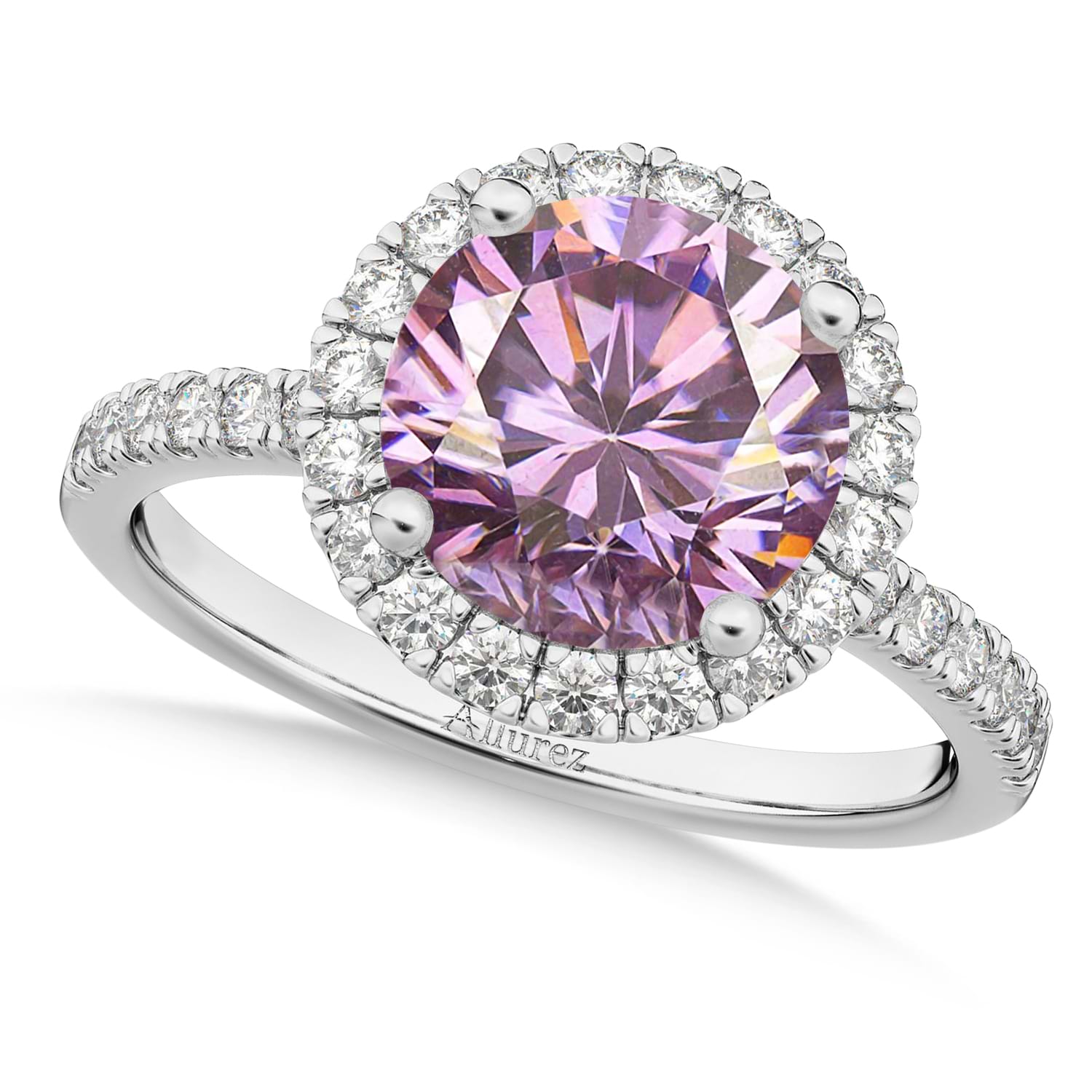 Halo Pink Moissanite & Diamond Engagement Ring 18K White Gold 2.10ct