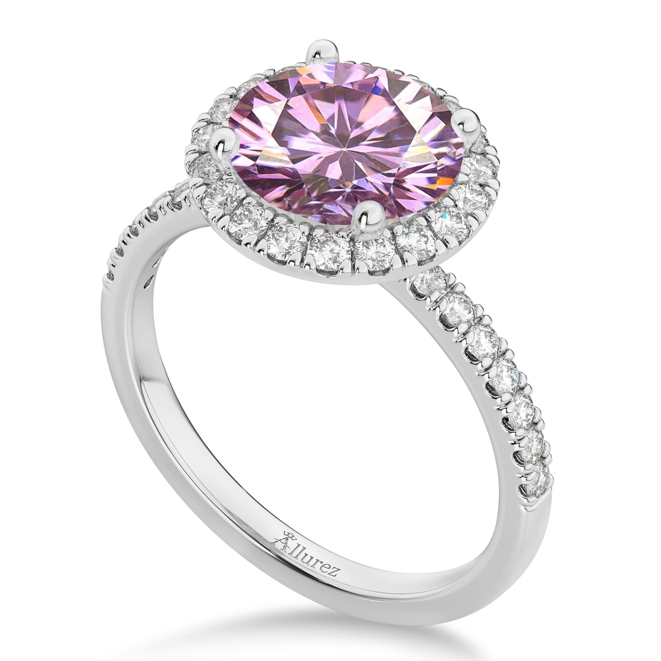 Halo Pink Moissanite & Diamond Engagement Ring Palladium 2.10ct