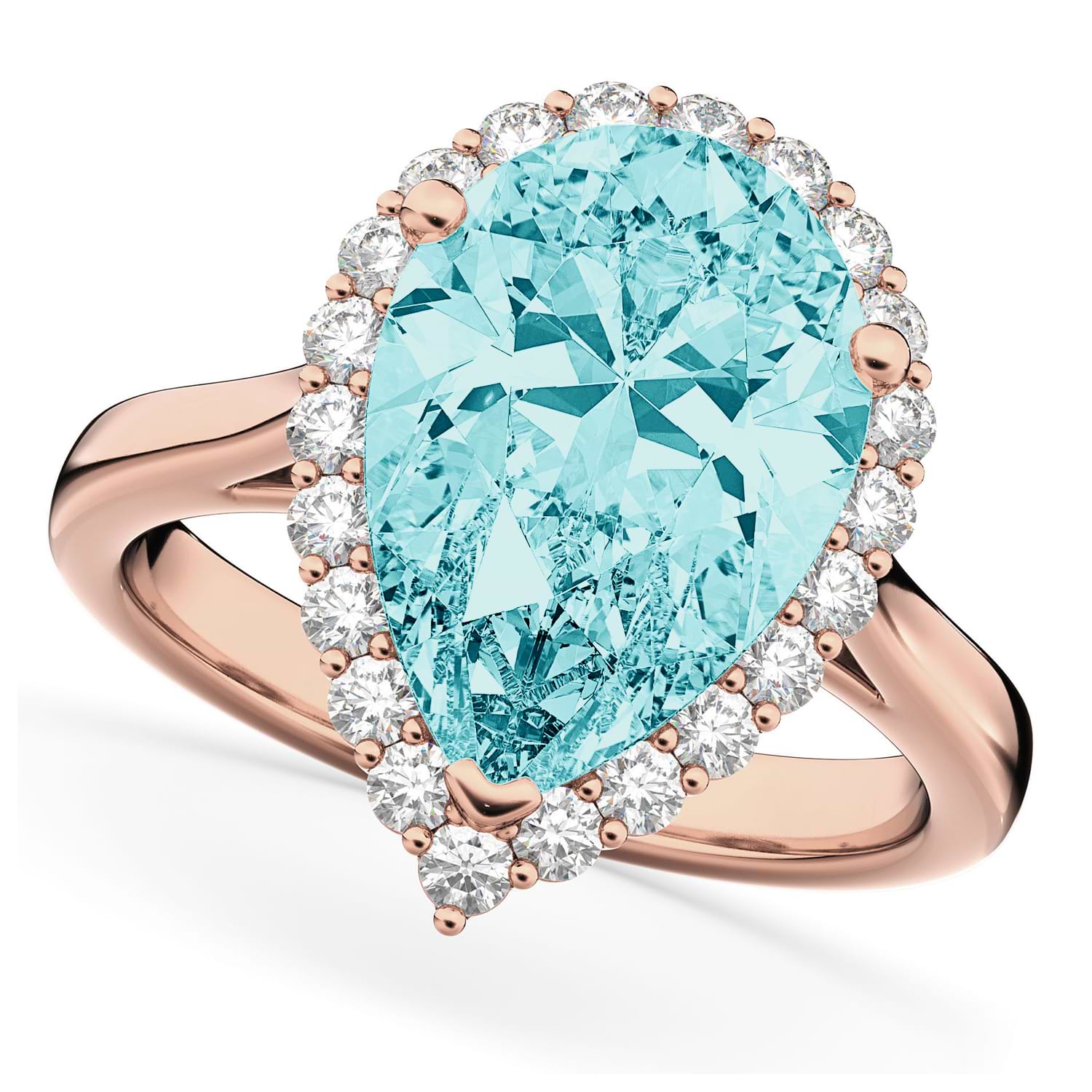 Pear Cut Halo Aquamarine & Diamond Engagement Ring 14K Rose Gold 6.04ct