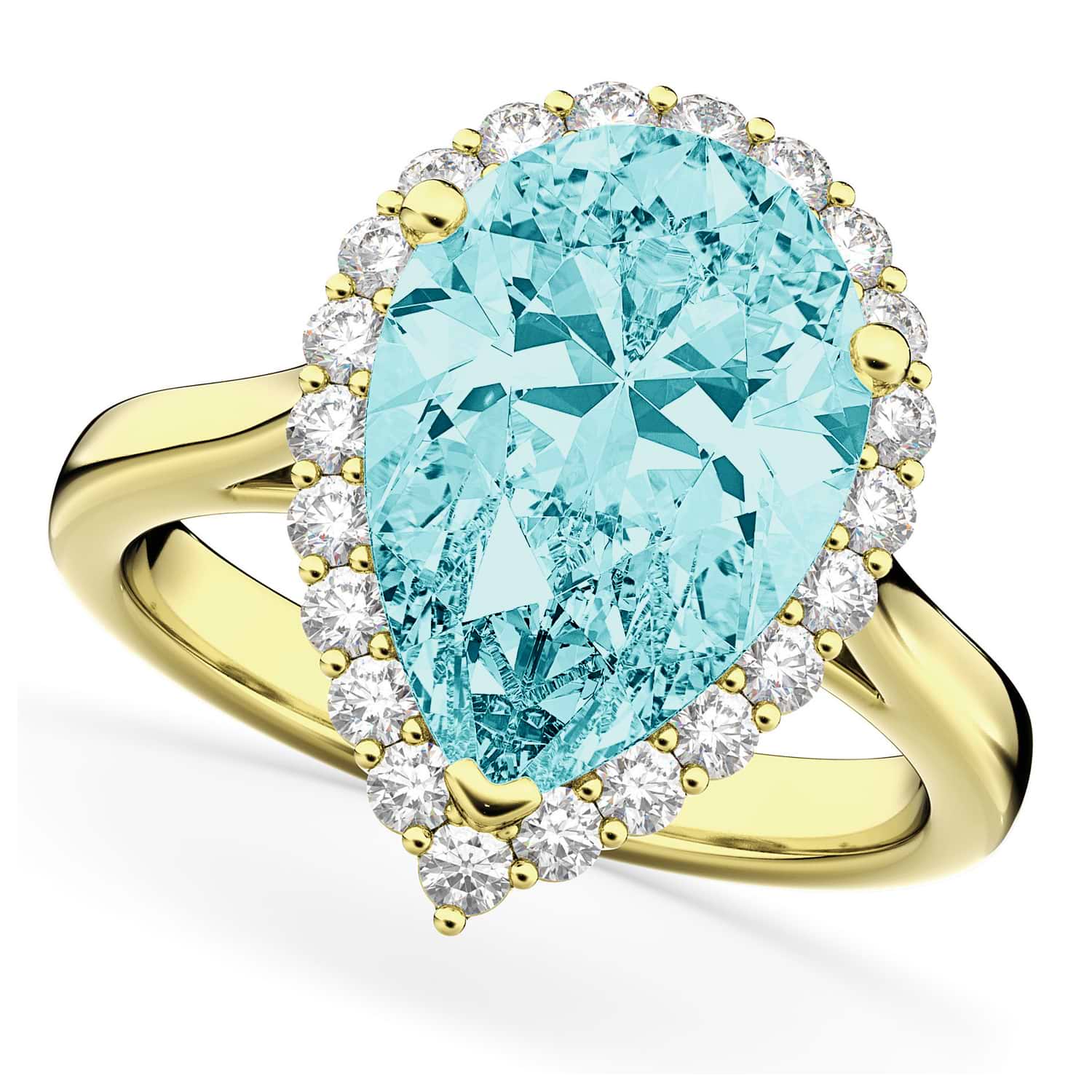 Pear Cut Halo Aquamarine & Diamond Engagement Ring 14K Yellow Gold 6.04ct