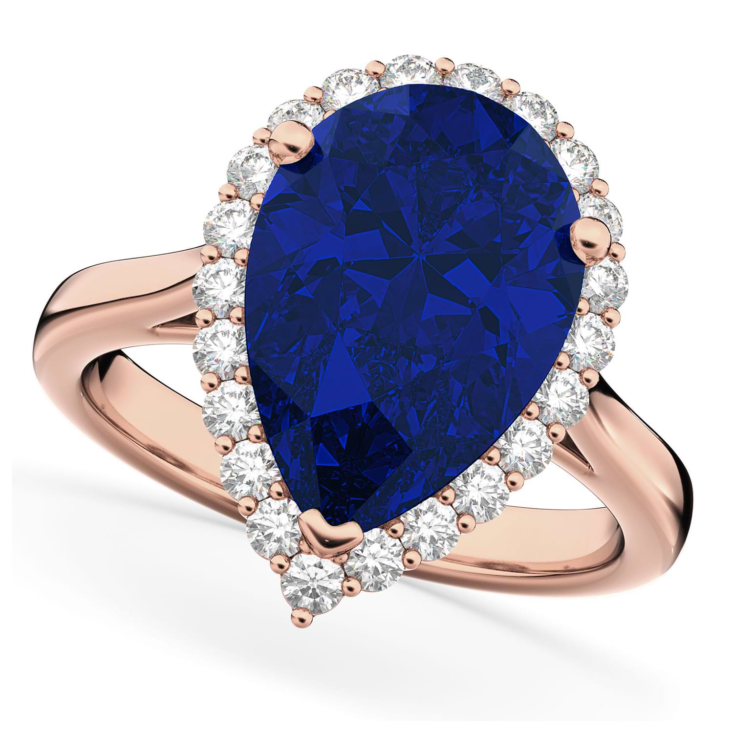 Pear Cut Halo Blue Sapphire & Diamond Engagement Ring 14K Rose Gold 8.34ct