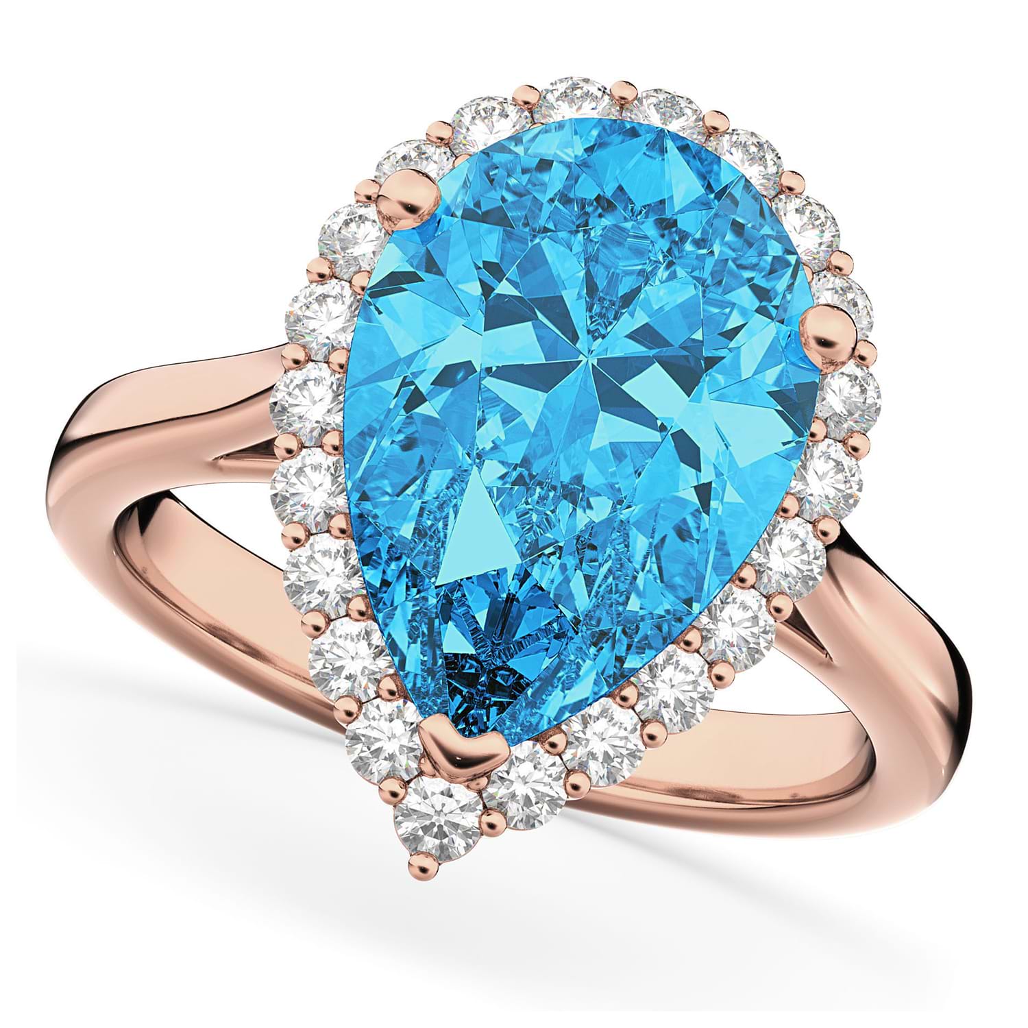 Pear Cut Halo Blue Topaz & Diamond Engagement Ring 14K Rose Gold 8.94ct