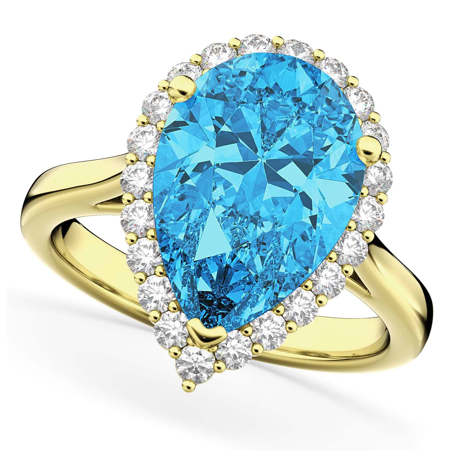 Pear Cut Halo Blue Topaz & Diamond Engagement Ring 14K Yellow Gold 8.94ct