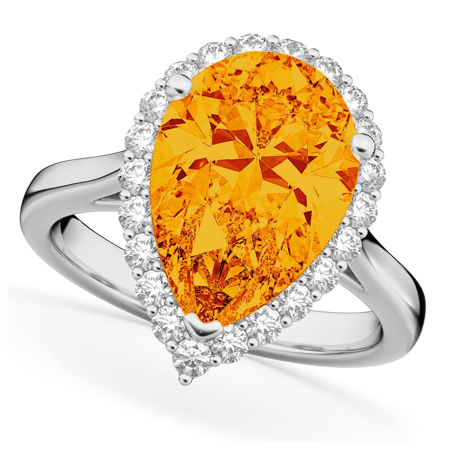 Pear Cut Halo Citrine & Diamond Engagement Ring 14K White Gold 5.44ct
