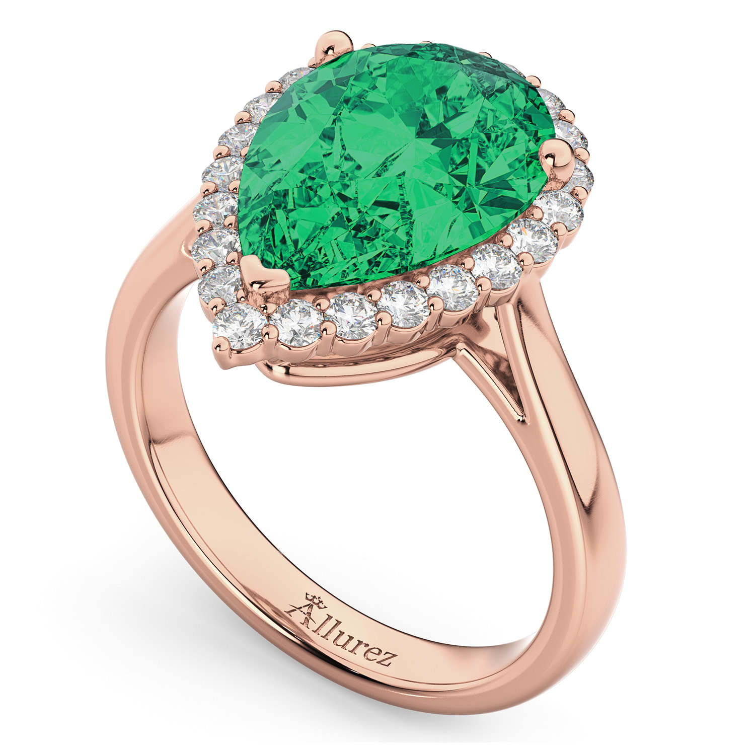 Pear Cut Halo Emerald & Diamond Engagement Ring 14K Rose Gold 6.54ct