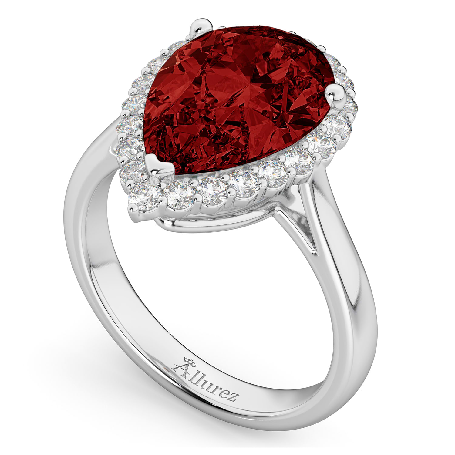 Pear Cut Halo Garnet & Diamond Engagement Ring 14K White Gold 6.24ct