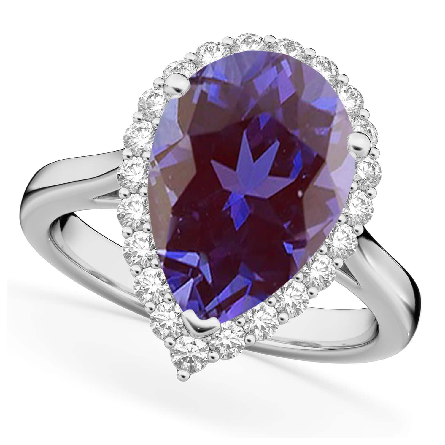 Pear Cut Halo Lab Alexandrite & Diamond Engagement Ring 14K White Gold 5.44ct