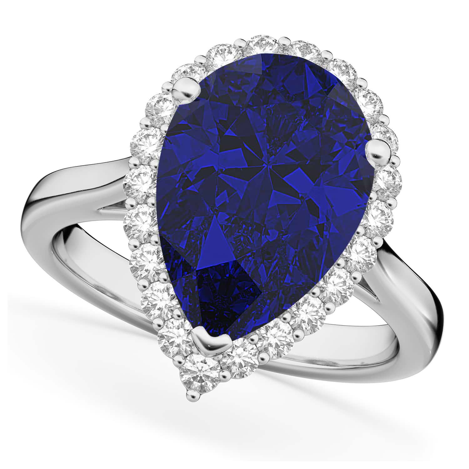 Pear Cut Halo Lab Blue Sapphire & Diamond Engagement Ring 14K White Gold 8.34ct