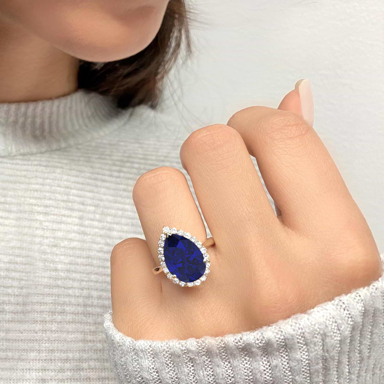 Pear Cut Halo Lab Blue Sapphire & Diamond Engagement Ring 14K Yellow Gold 8.34ct