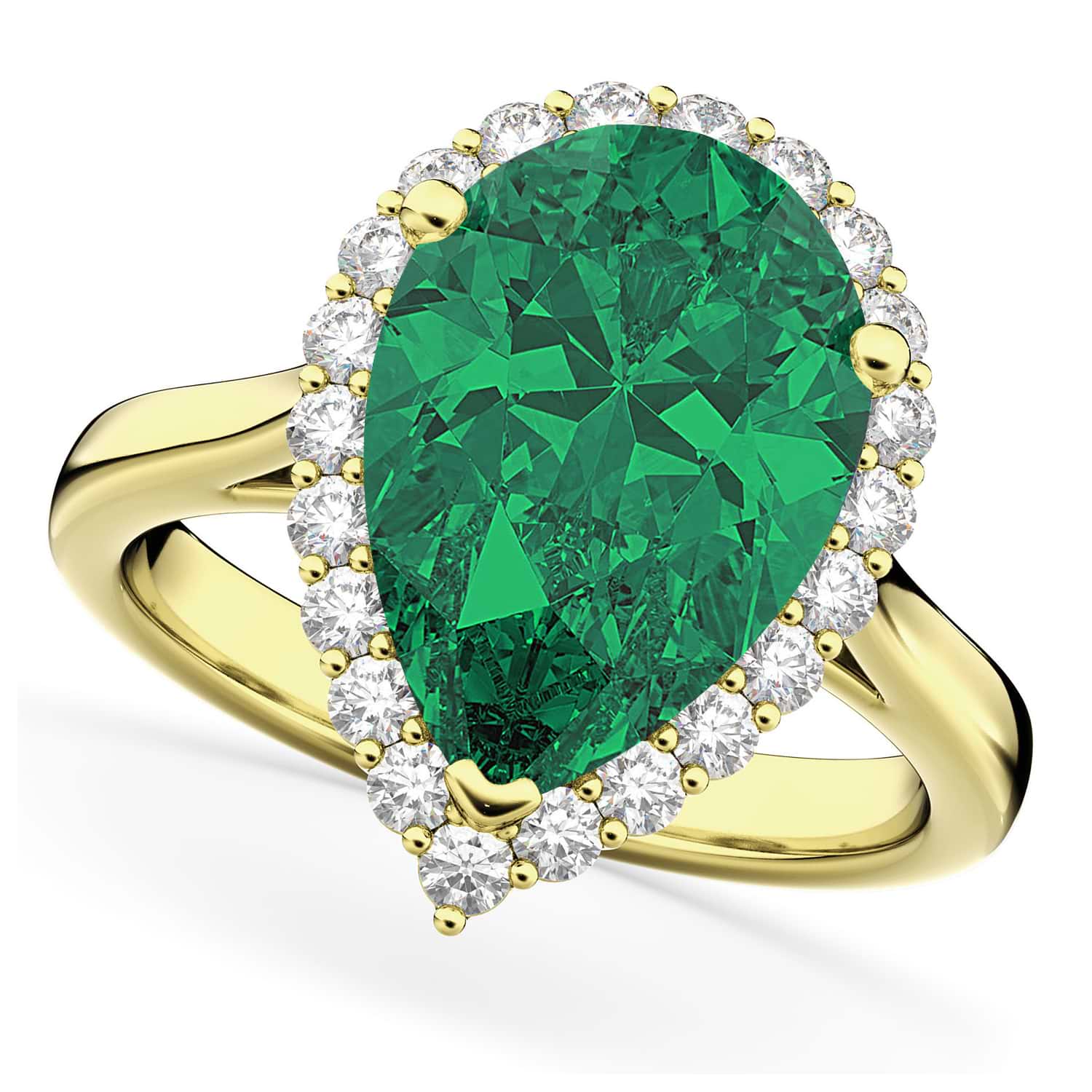 Pear Cut Halo Lab Emerald & Diamond Engagement Ring 14K Yellow Gold 6.54ct