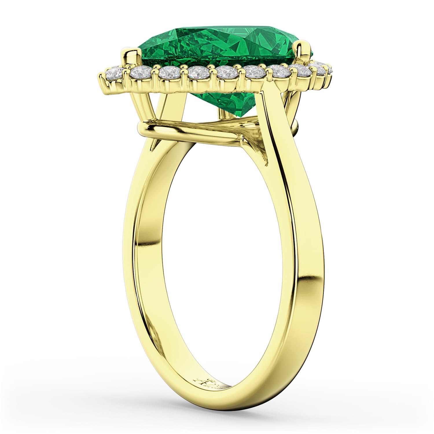 Pear Cut Halo Lab Emerald & Diamond Engagement Ring 14K Yellow Gold 6.54ct