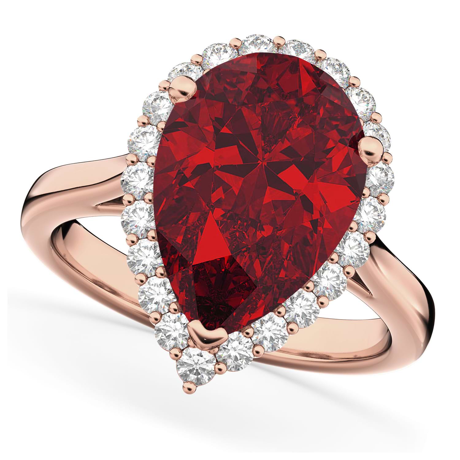 Pear Cut Halo Lab Ruby & Diamond Engagement Ring 14K Rose Gold 8.34ct