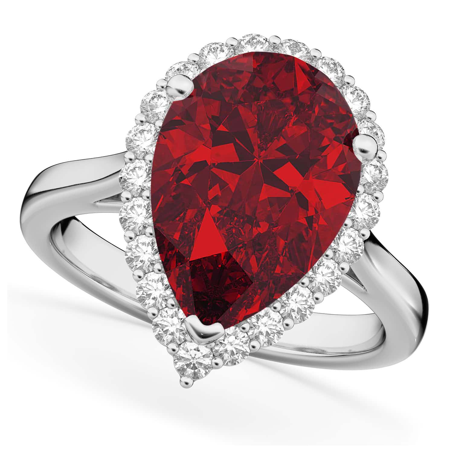 Pear Cut Halo Lab Ruby & Diamond Engagement Ring 14K White Gold 8.34ct