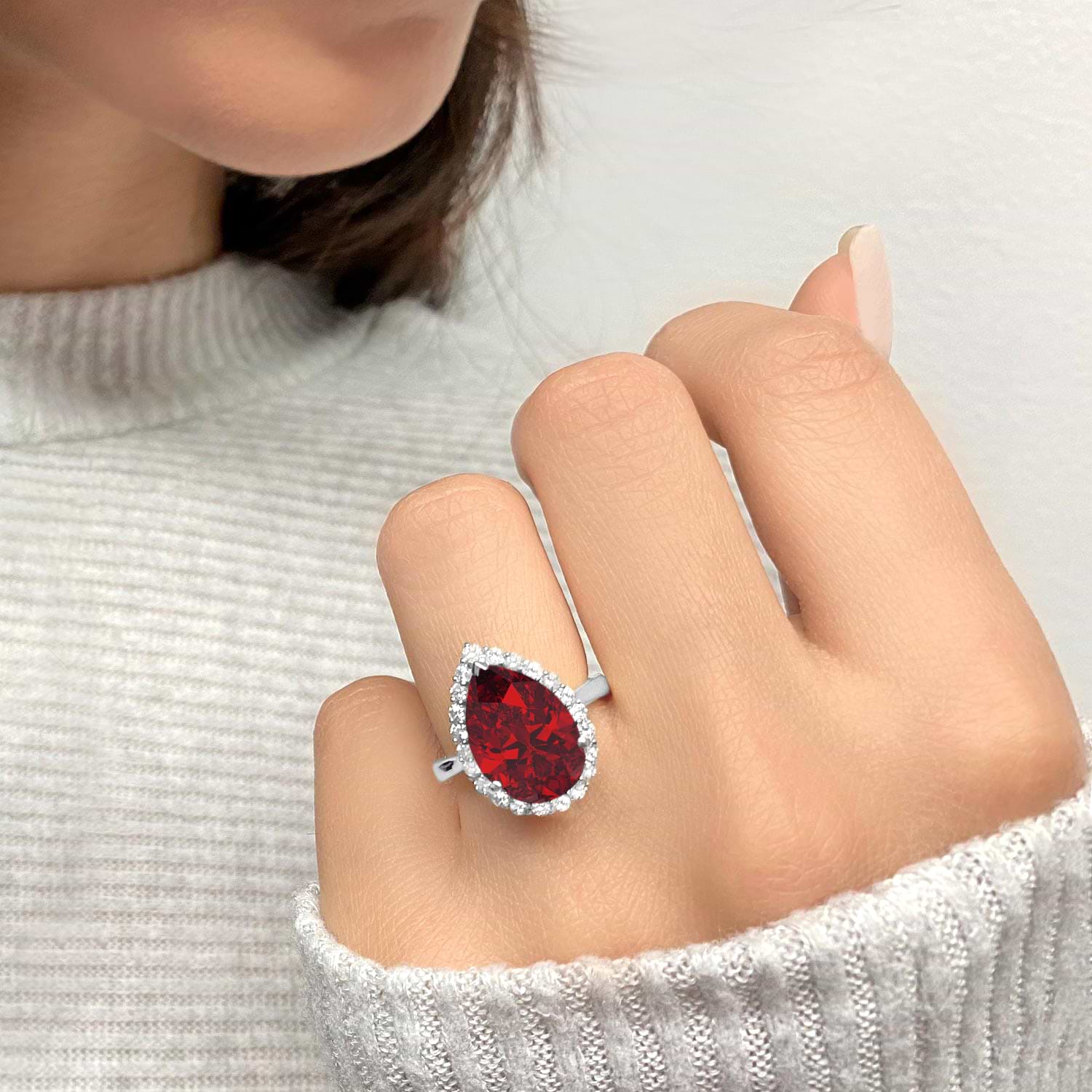 Pear Cut Halo Lab Ruby & Diamond Engagement Ring 14K White Gold 8.34ct