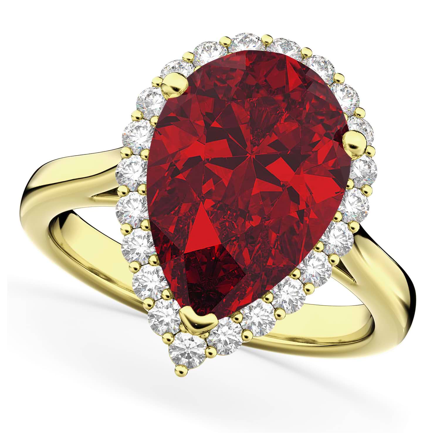 Pear Cut Halo Lab Ruby & Diamond Engagement Ring 14K Yellow Gold 8.34ct