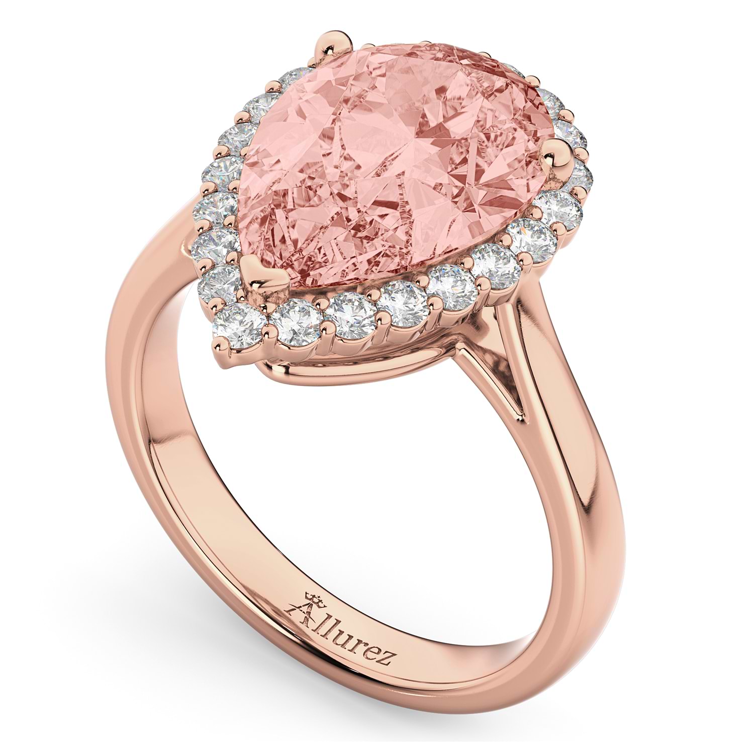 Pear Cut Halo Morganite & Diamond Engagement Ring 14K Rose Gold 4.74ct