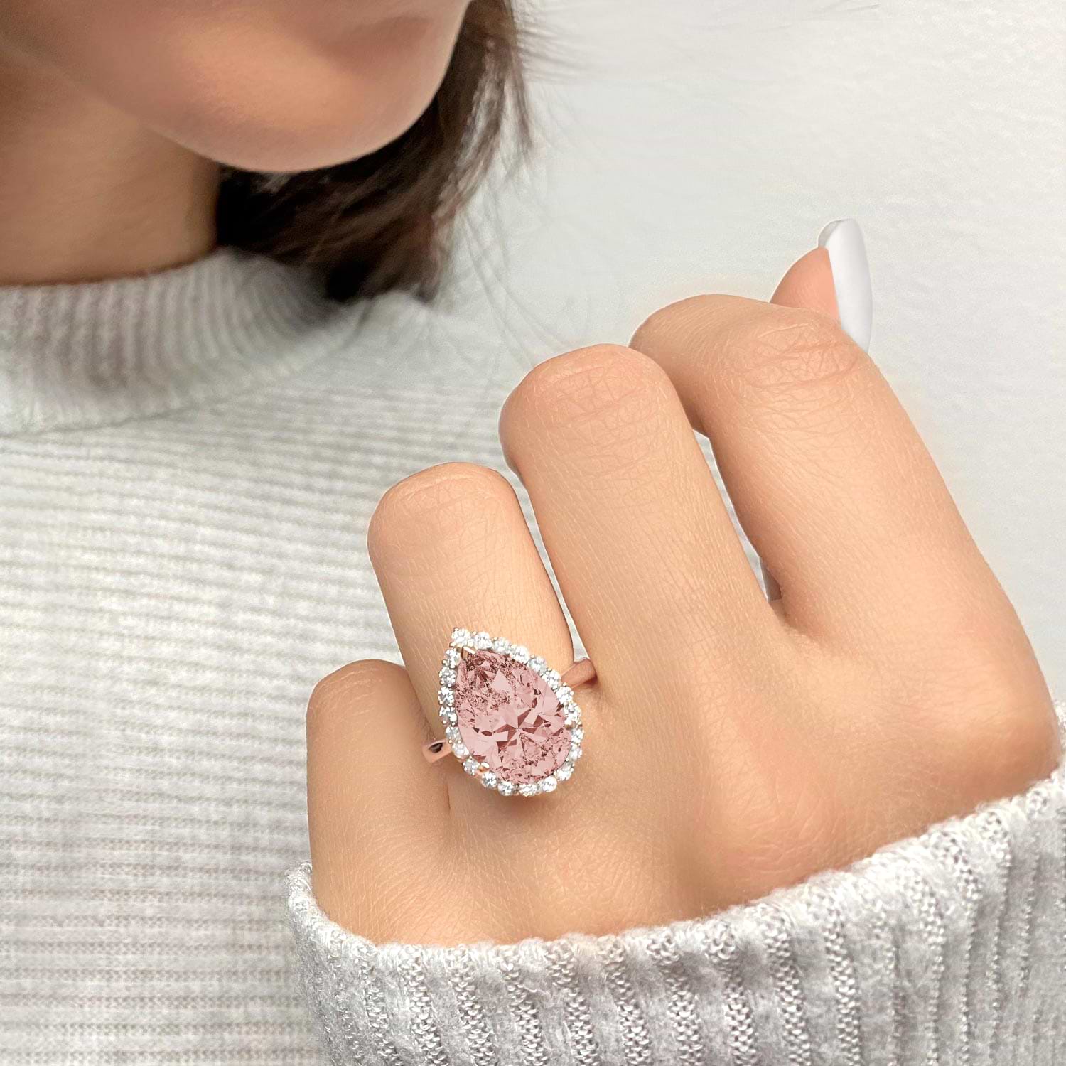 Pear Cut Halo Morganite & Diamond Engagement Ring 14K Rose Gold 4.74ct