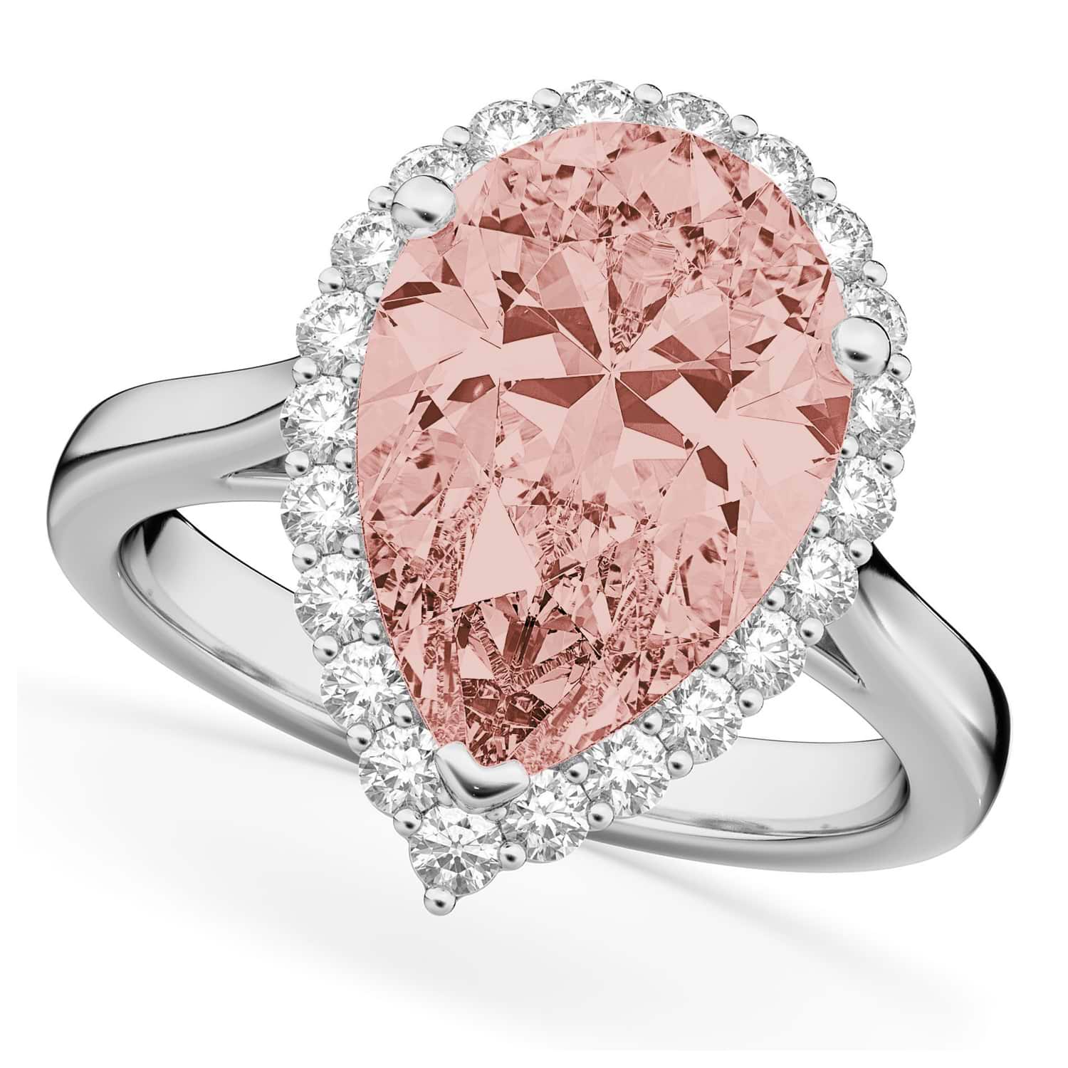 Pear Cut Halo Morganite & Diamond Engagement Ring 14K White Gold 4.74ct