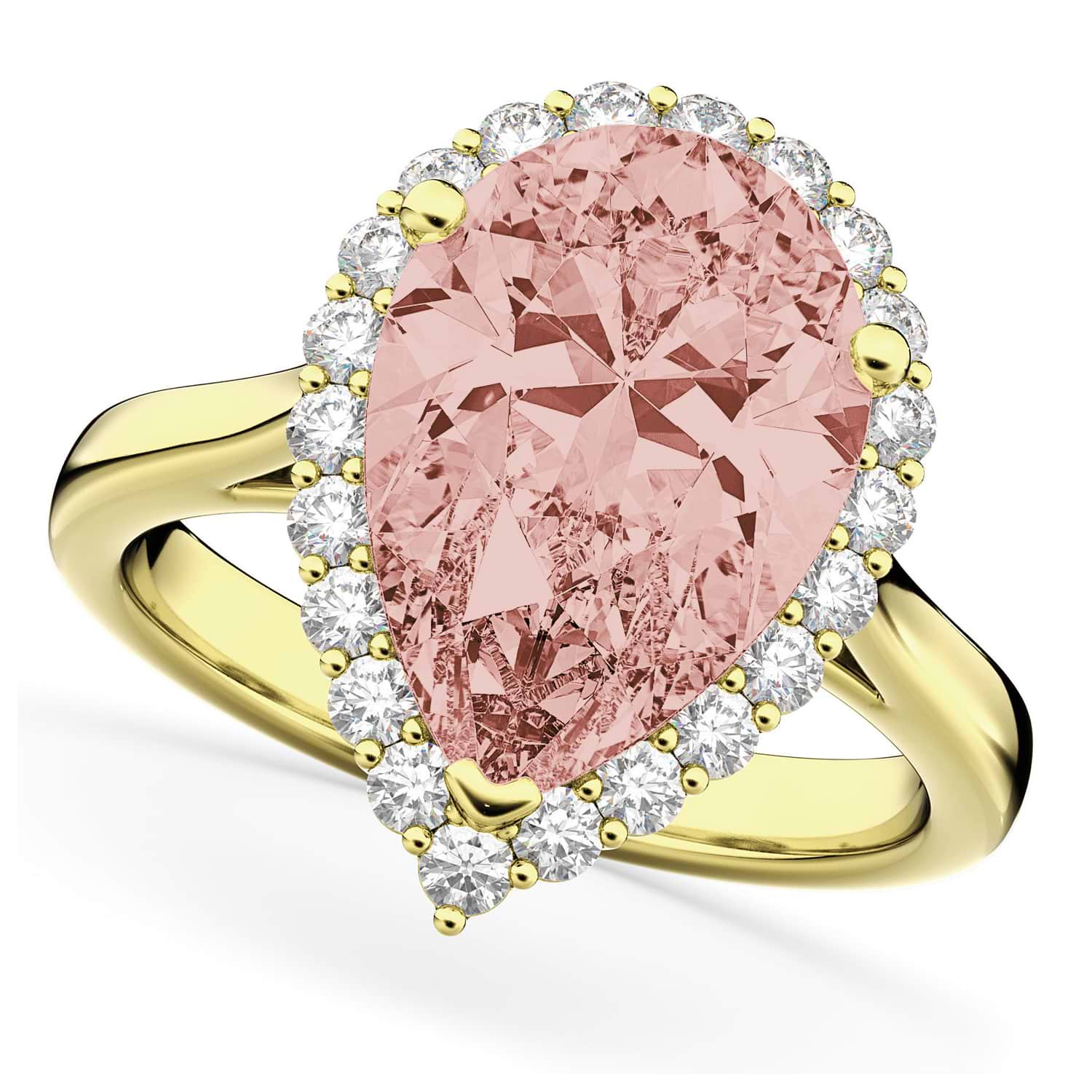 Pear Cut Halo Morganite & Diamond Engagement Ring 14K Yellow Gold 4.74ct