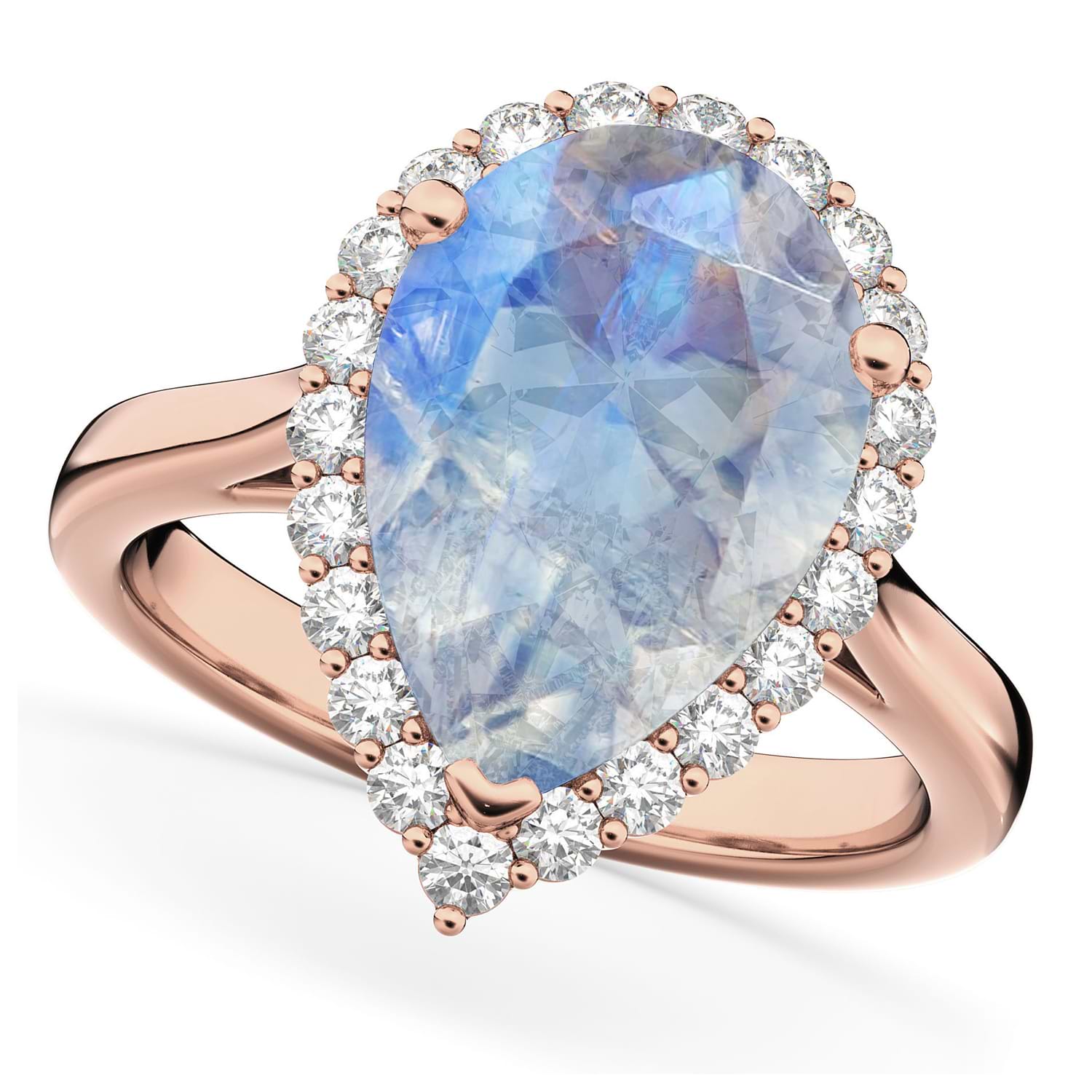 Pear Cut Halo Moonstone & Diamond Engagement Ring 14K Rose Gold 4.69ct