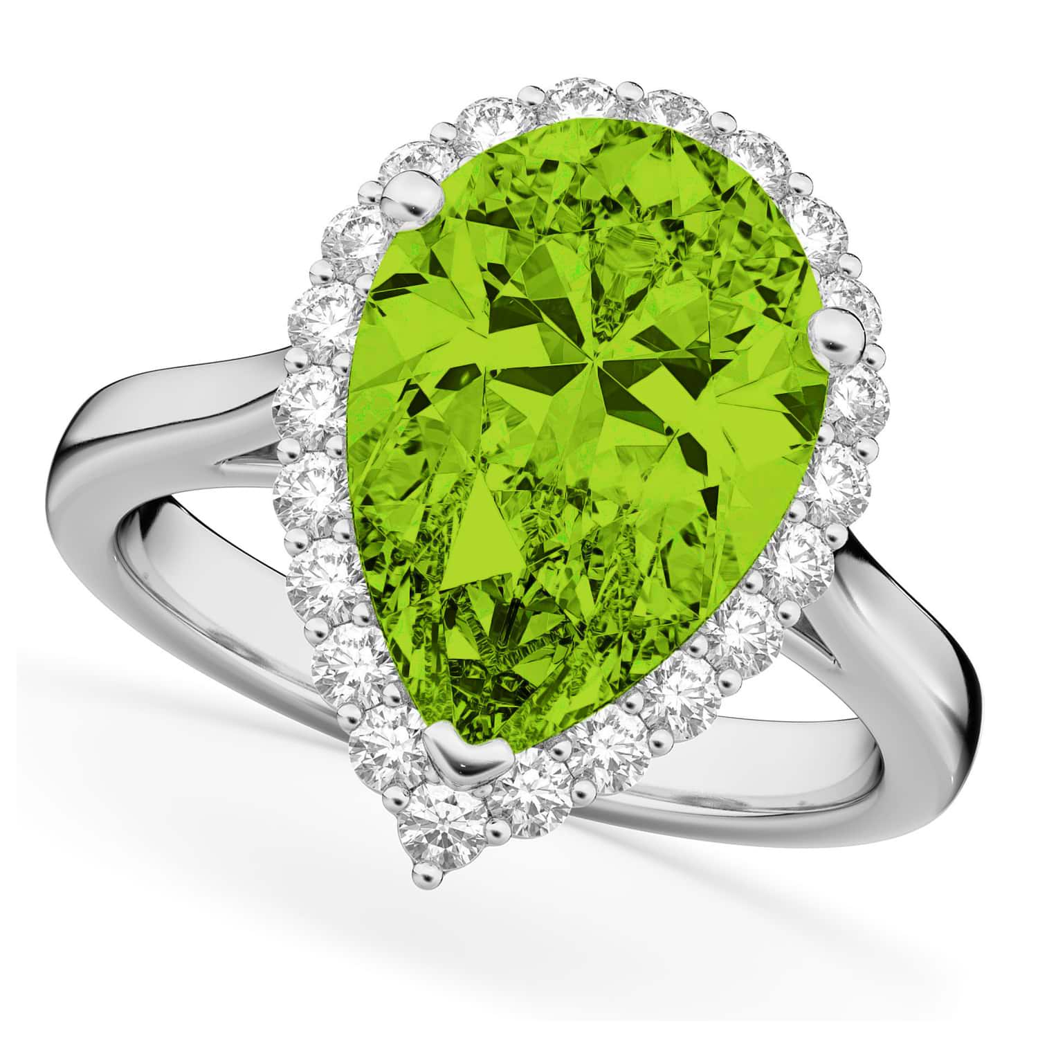 Pear Cut Halo Peridot & Diamond Engagement Ring 14K White Gold 5.19ct
