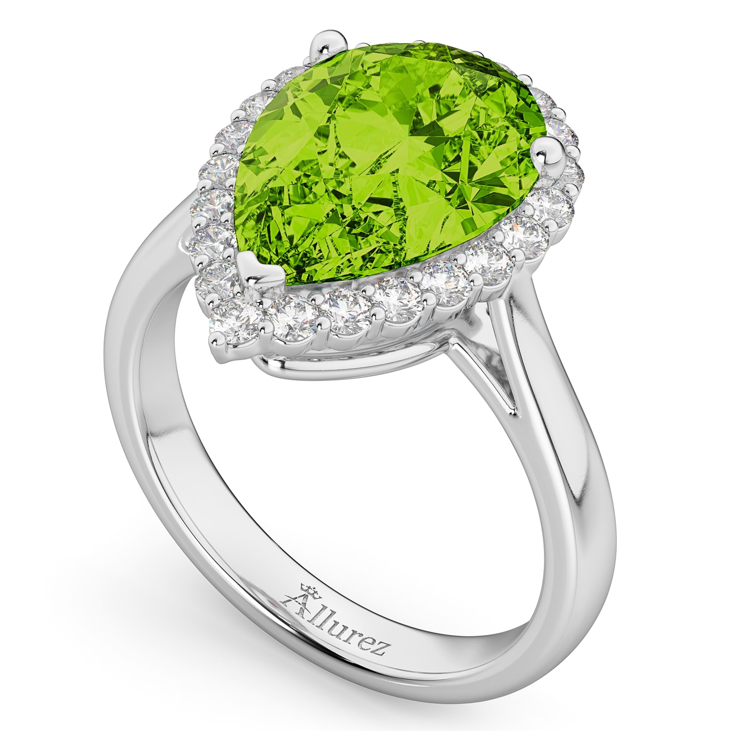 Pear Cut Halo Peridot & Diamond Engagement Ring 14K White Gold 5.19ct