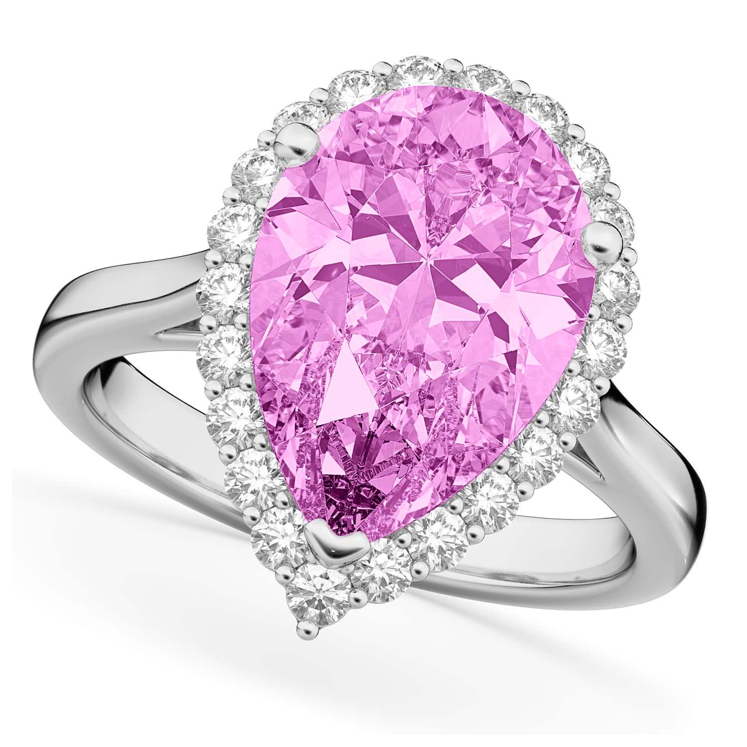 Pear Cut Halo Pink Sapphire & Diamond Engagement Ring 14K White Gold 8.34ct