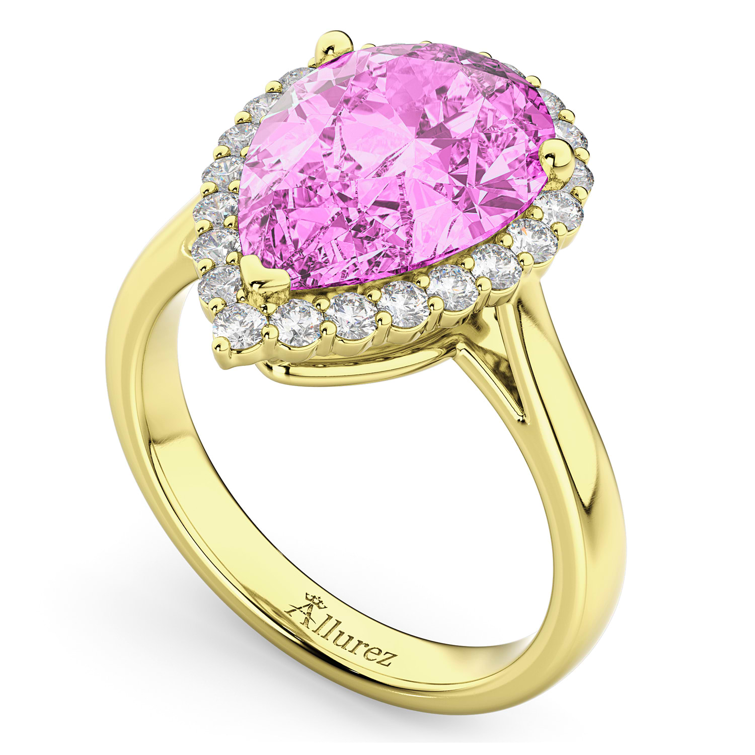 Pear Cut Halo Pink Sapphire & Diamond Engagement Ring 14K Yellow Gold 8.34ct