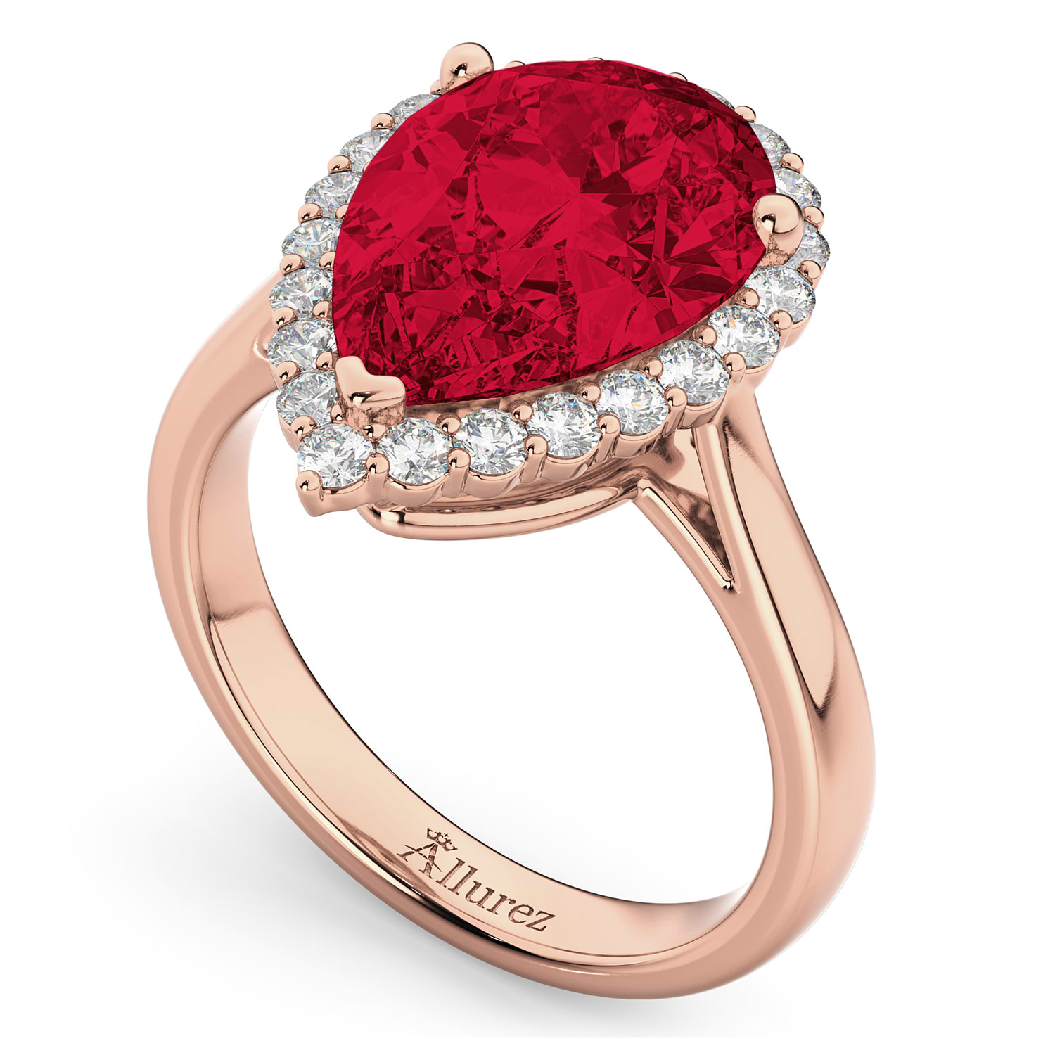 Pear Cut Halo Ruby & Diamond Engagement Ring 14K Rose Gold 8.34ct