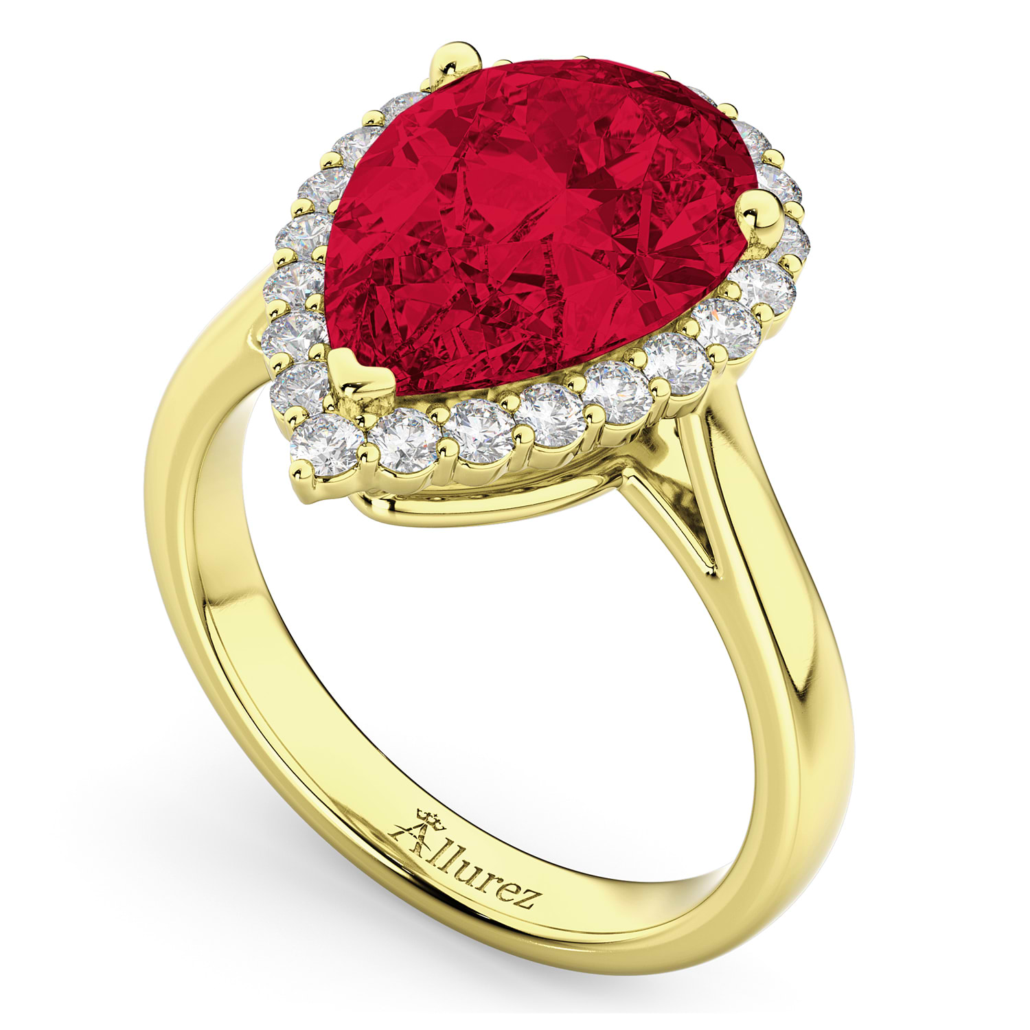 Pear Cut Halo Ruby & Diamond Engagement Ring 14K Yellow Gold 8.34ct