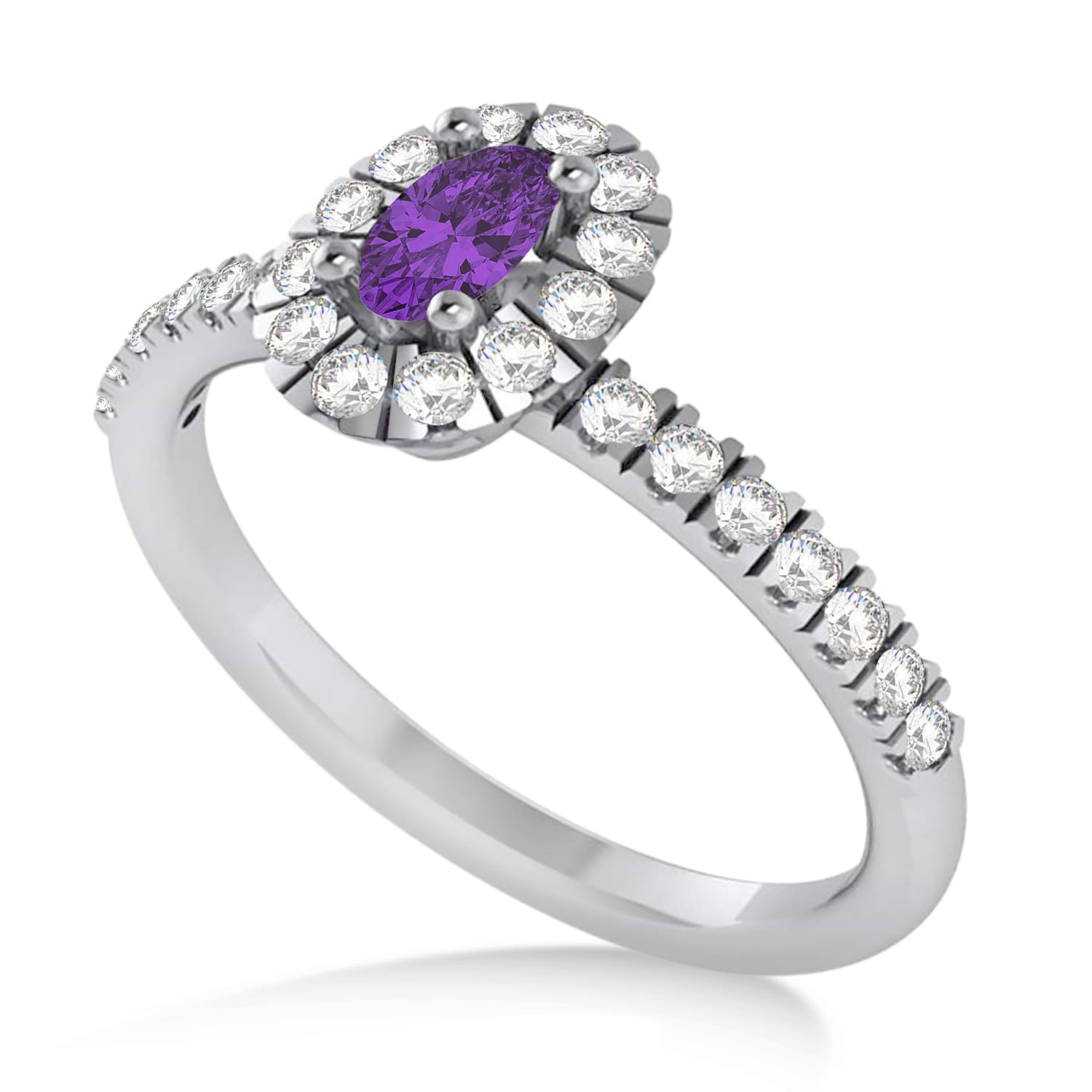 Oval Amethyst & Diamond Halo Engagement Ring 14k White Gold (0.60ct)