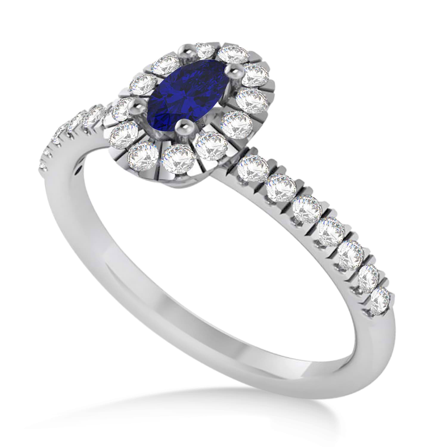 Oval Blue Sapphire & Diamond Halo Engagement Ring 14k White Gold (0.60ct)