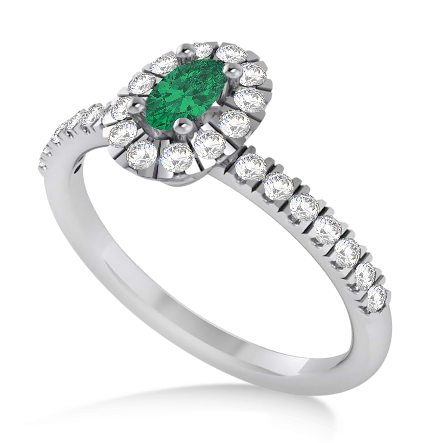 Oval Emerald & Diamond Halo Engagement Ring 14k White Gold (0.60ct)