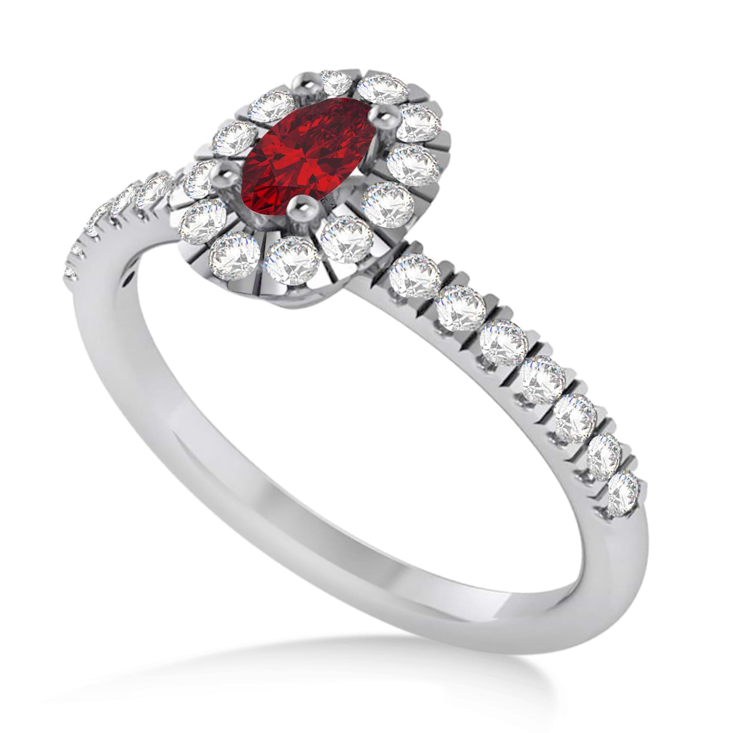 Oval Ruby & Diamond Halo Engagement Ring 14k White Gold (0.60ct)
