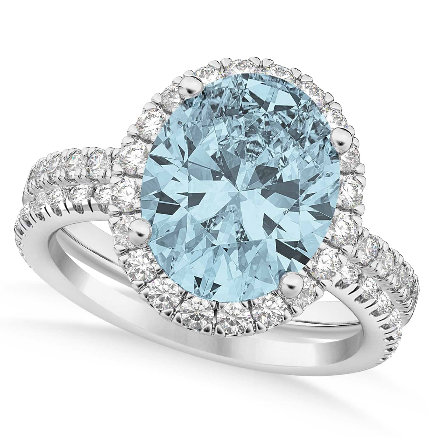 Aquamarine & Diamonds Oval-Cut Halo Bridal Set 14K White Gold (3.03ct)