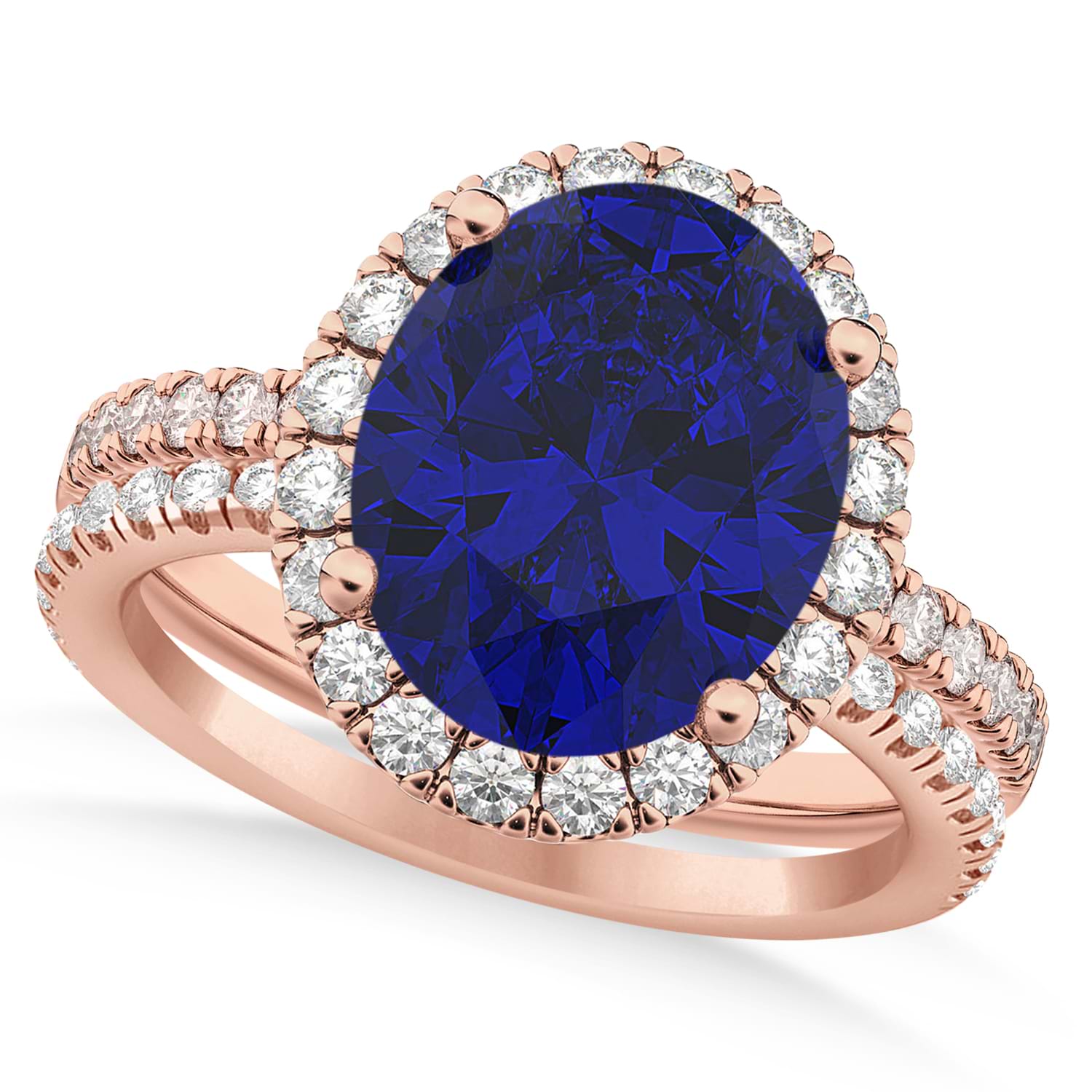 Blue Sapphire & Diamonds Oval-Cut Halo Bridal Set 14K Rose Gold (3.93ct)
