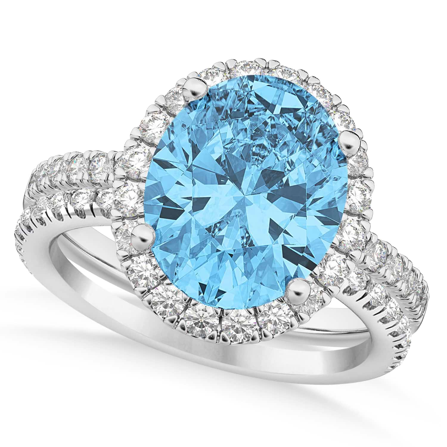 Blue Topaz & Diamonds Oval-Cut Halo Bridal Set 14K White Gold (4.28ct)