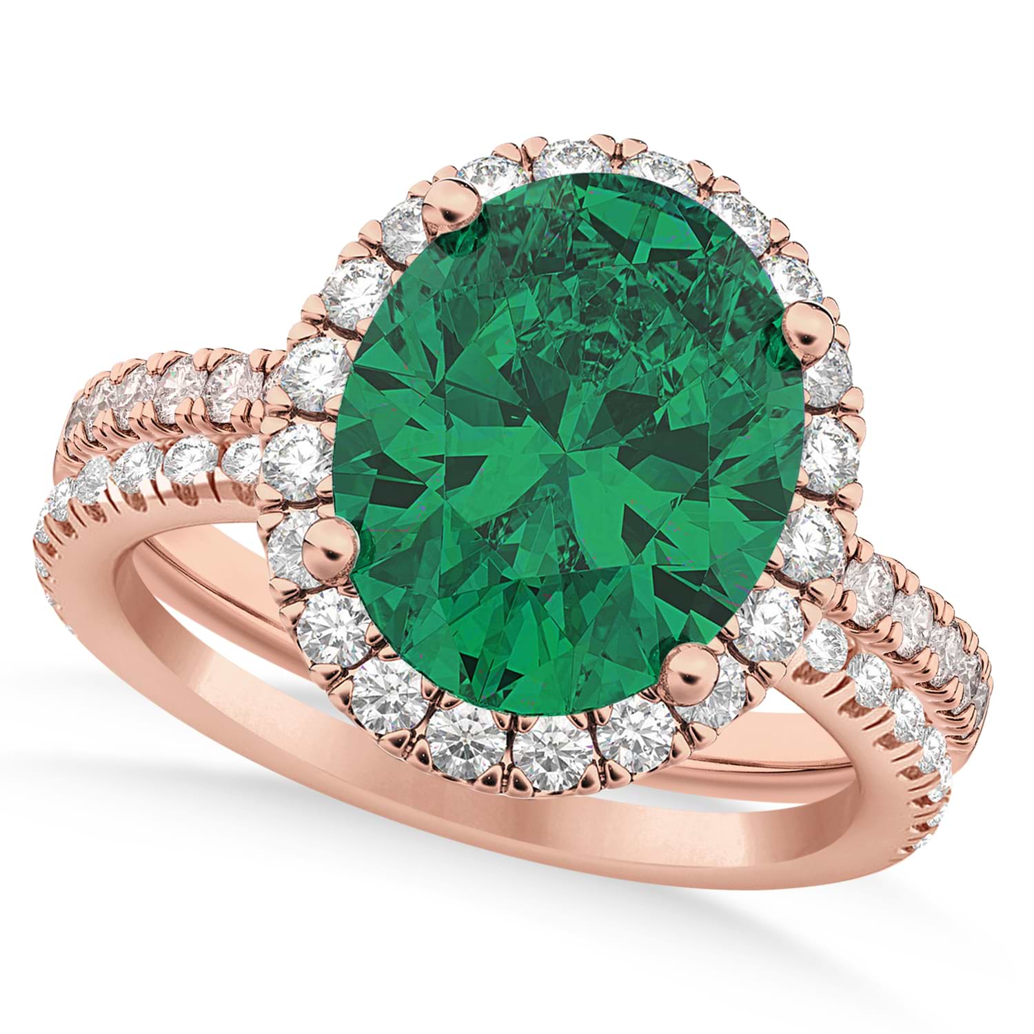 Emerald & Diamonds Oval-Cut Halo Bridal Set 14K Rose Gold (3.38ct)