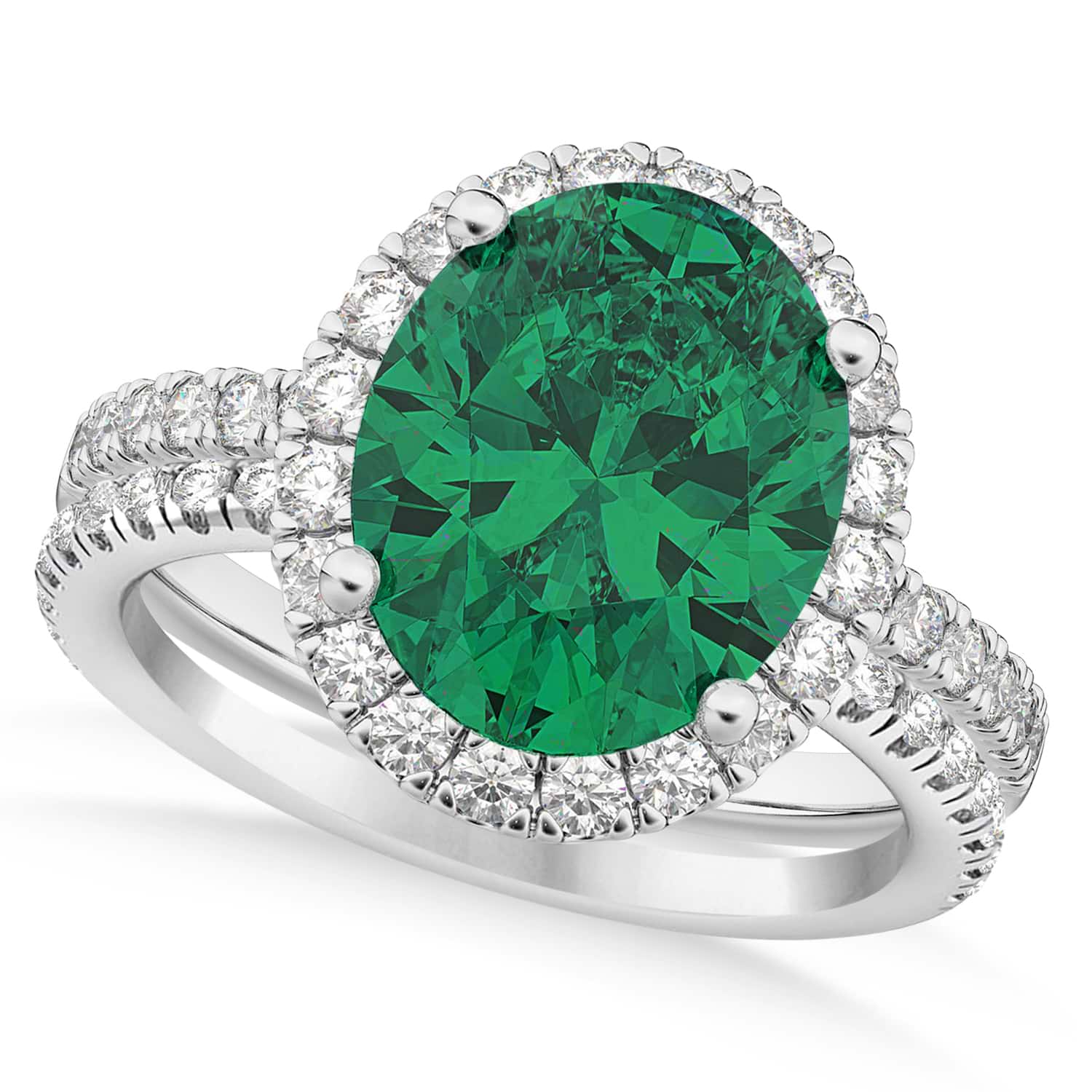 Emerald & Diamonds Oval-Cut Halo Bridal Set 14K White Gold (3.38ct)