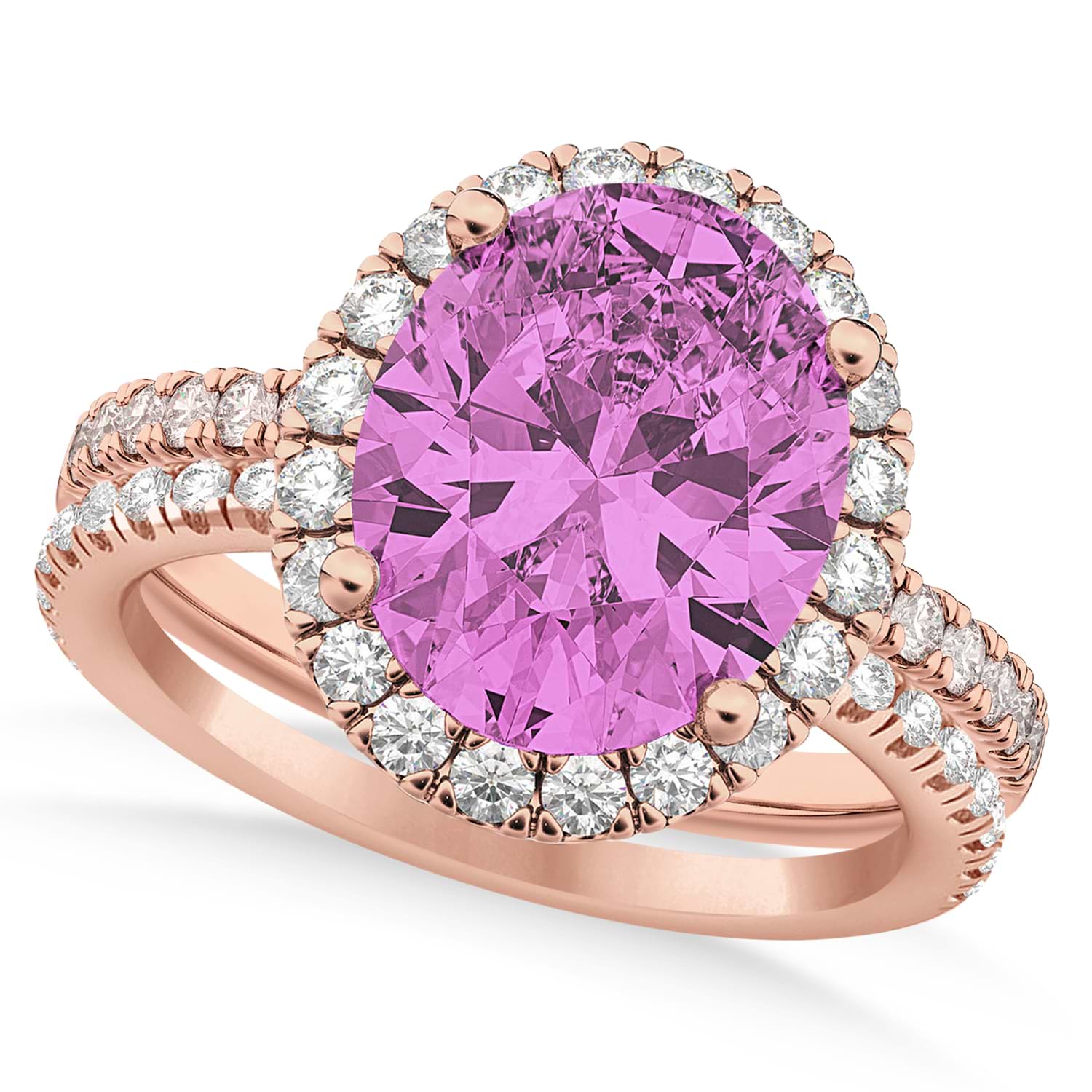 Pink Sapphire & Diamonds Oval-Cut Halo Bridal Set 14K Rose Gold (3.93ct)