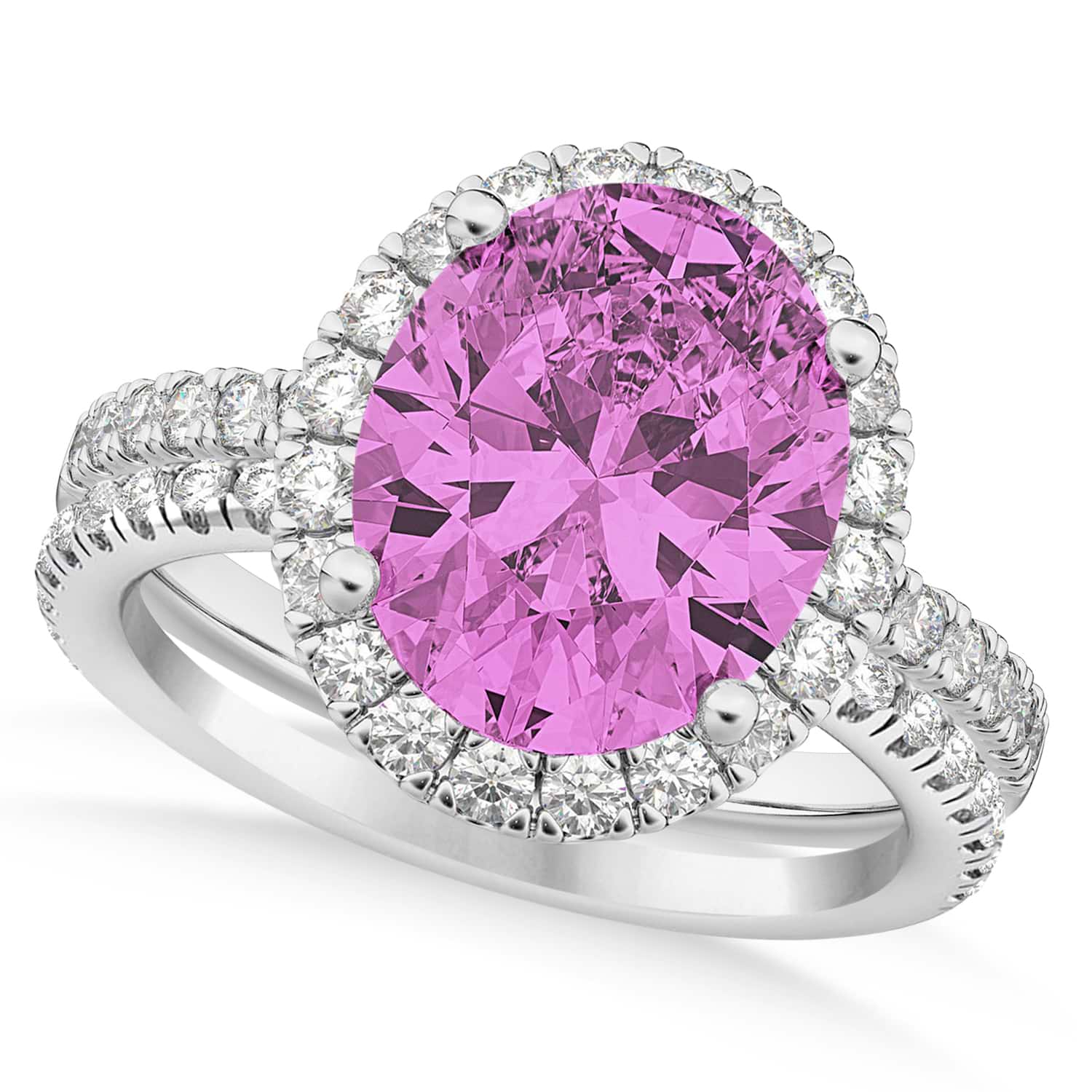 Pink Sapphire & Diamonds Oval-Cut Halo Bridal Set 14K White Gold (3.93ct)