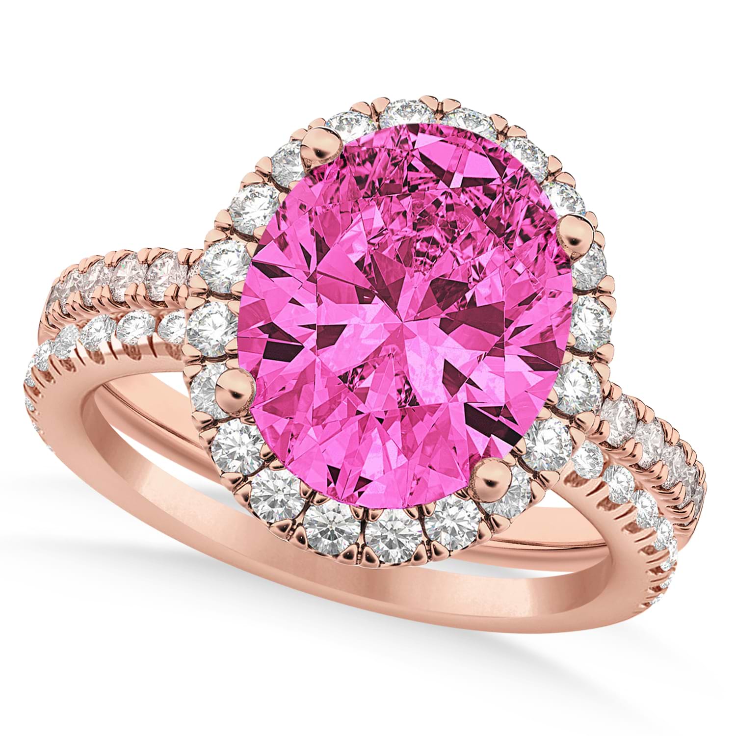 Pink Tourmaline & Diamonds Oval-Cut Halo Bridal Set 14K Rose Gold (3.68ct)