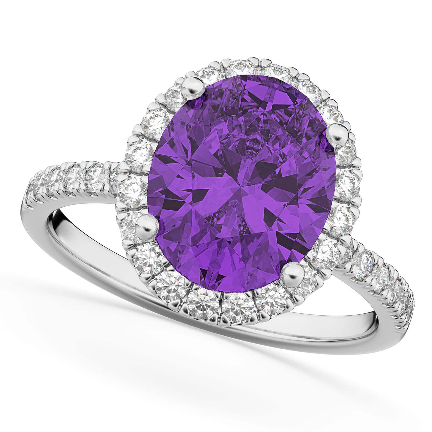 Oval Cut Halo Amethyst & Diamond Engagement Ring 14K White Gold 2.91ct