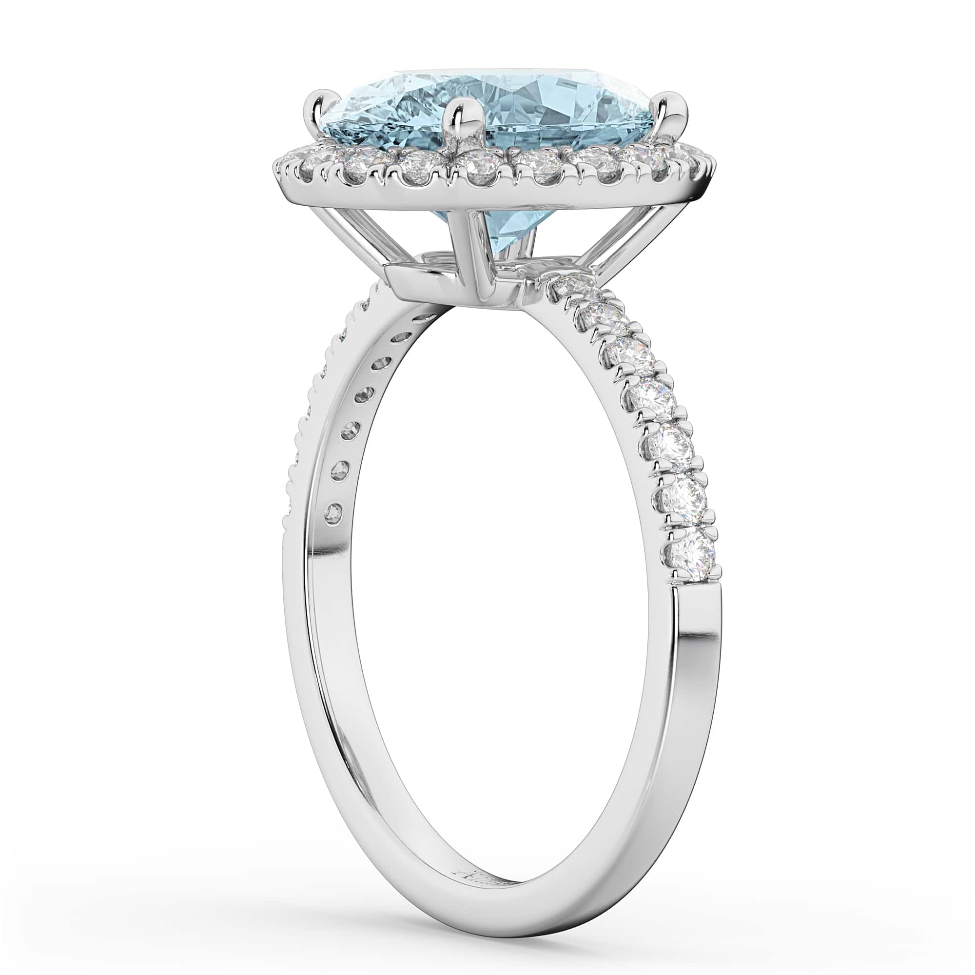 Oval Cut Halo Aquamarine & Diamond Engagement Ring 14K White Gold 2.76ct